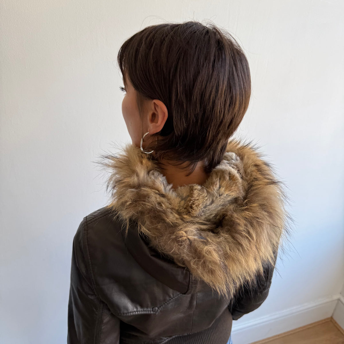 Brown leather fur hood bomber - Size S/M