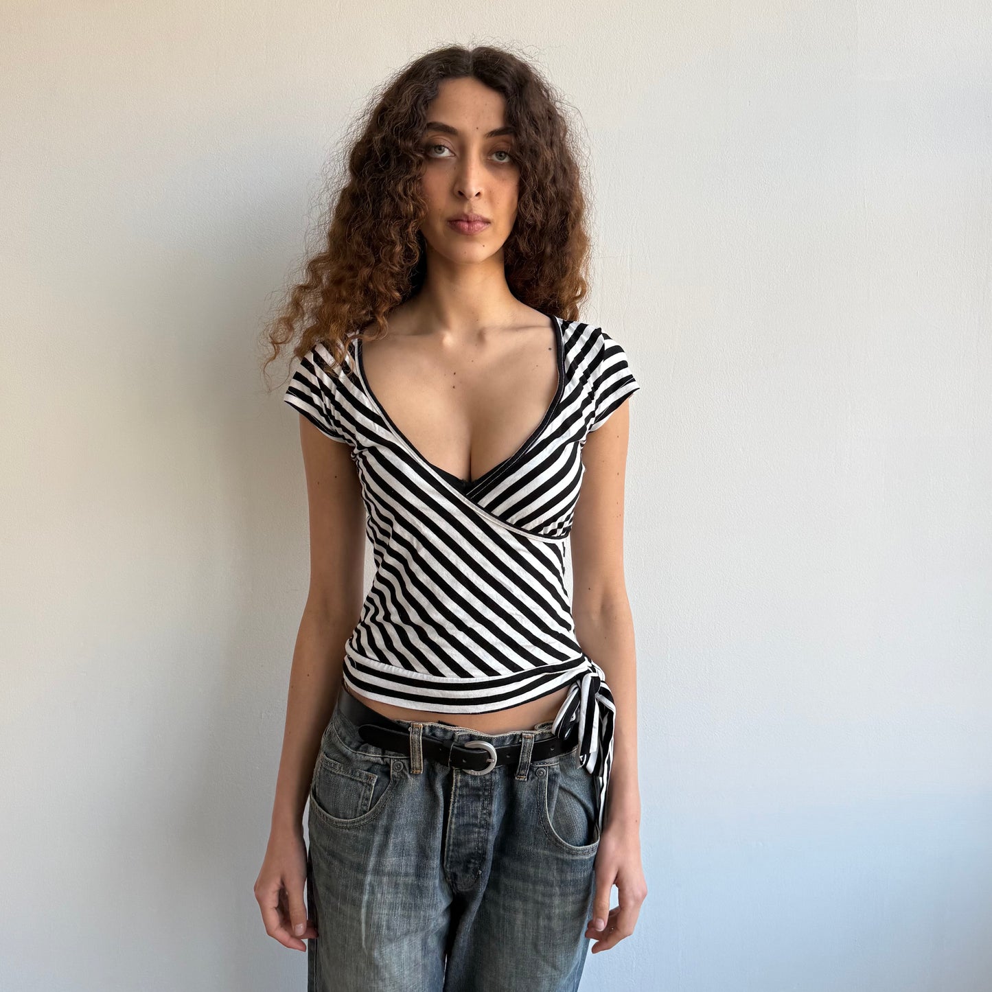 Black + white striped ballet wrap top - Size S