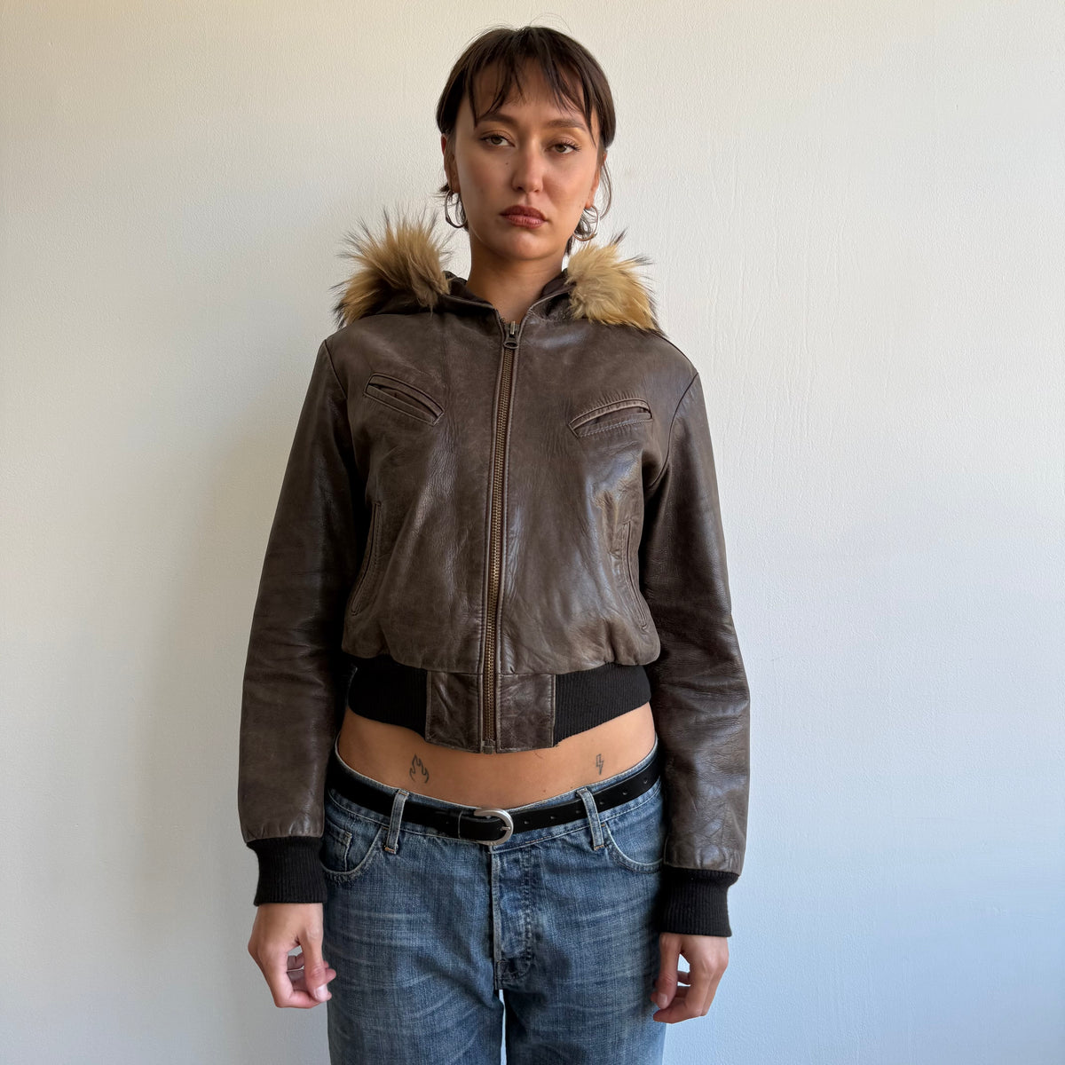Brown leather fur hood bomber - Size S/M