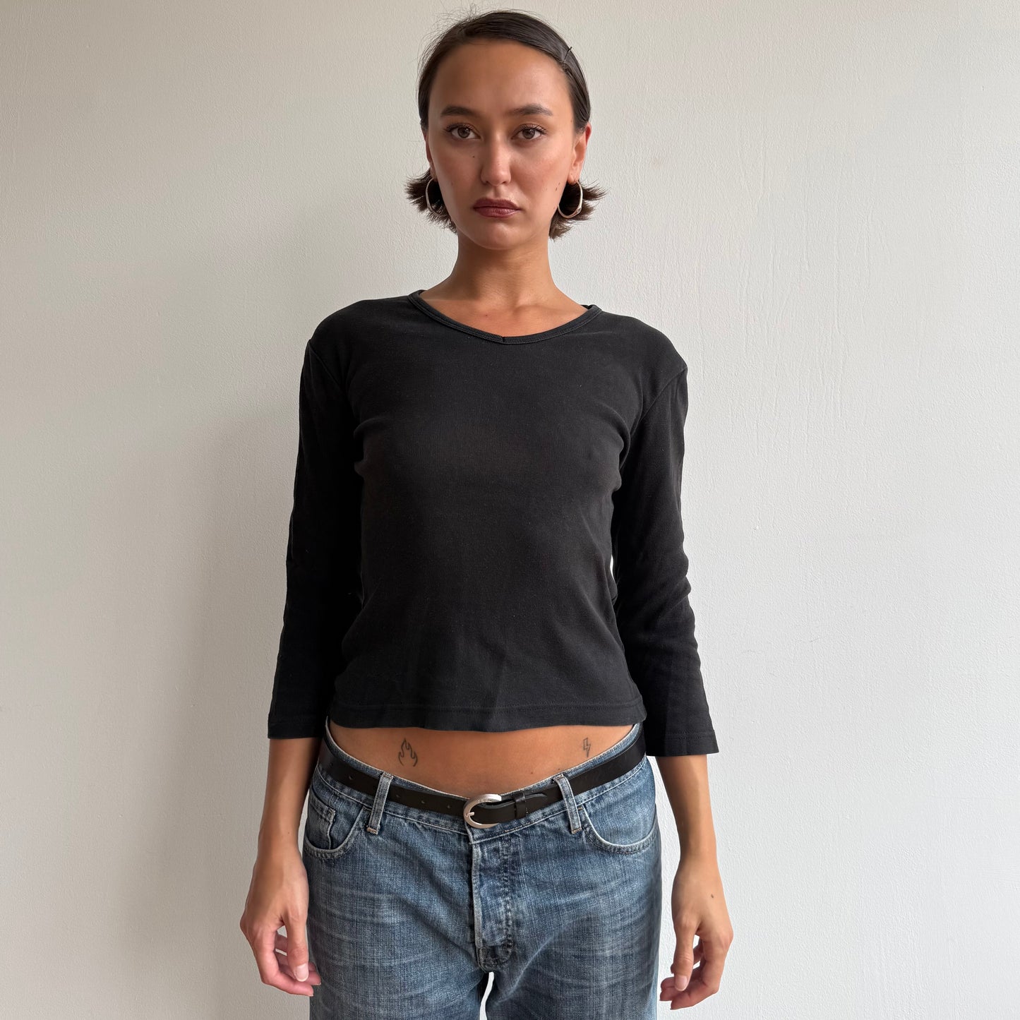 Black 3/4 sleeve v neck top - Size M