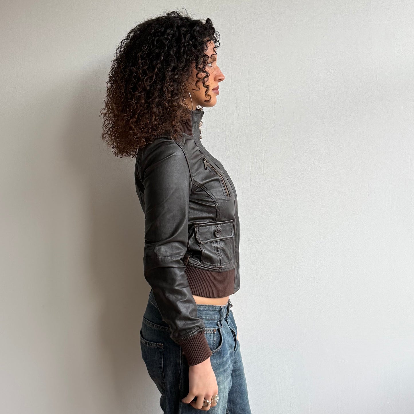 Brown leather zip bomber jacket - Size S