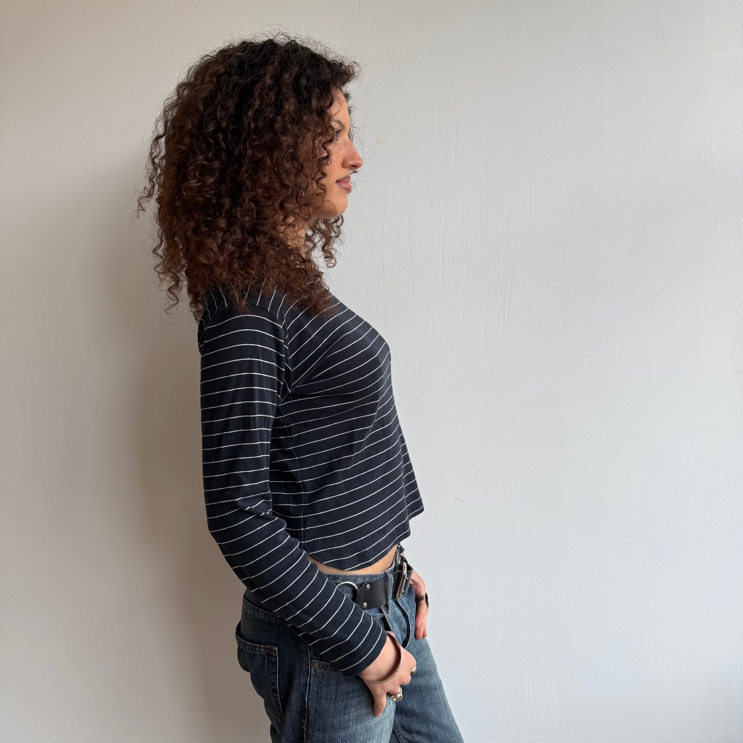 Navy + white striped long sleeve - Size S