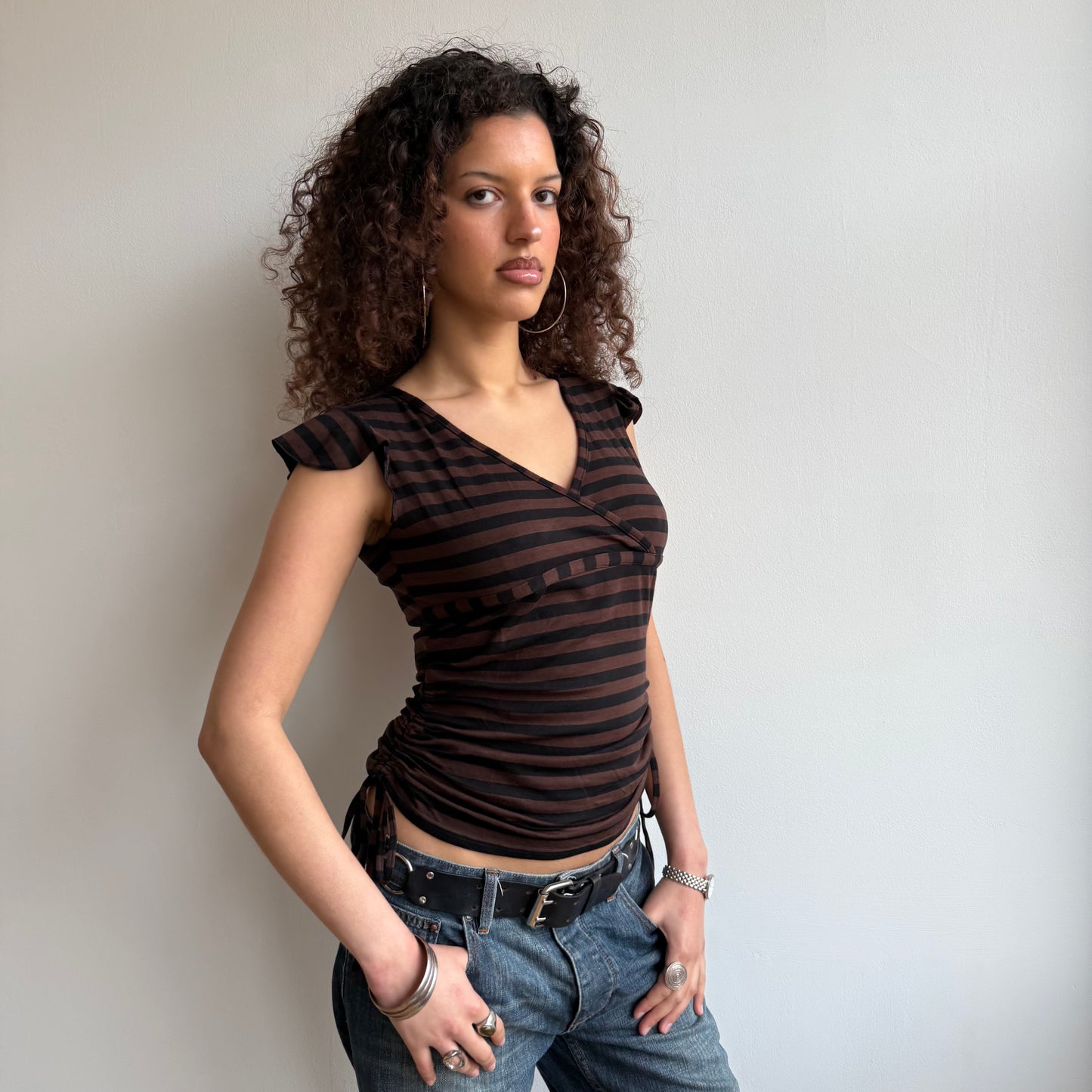 Brown striped ruched top - Size L