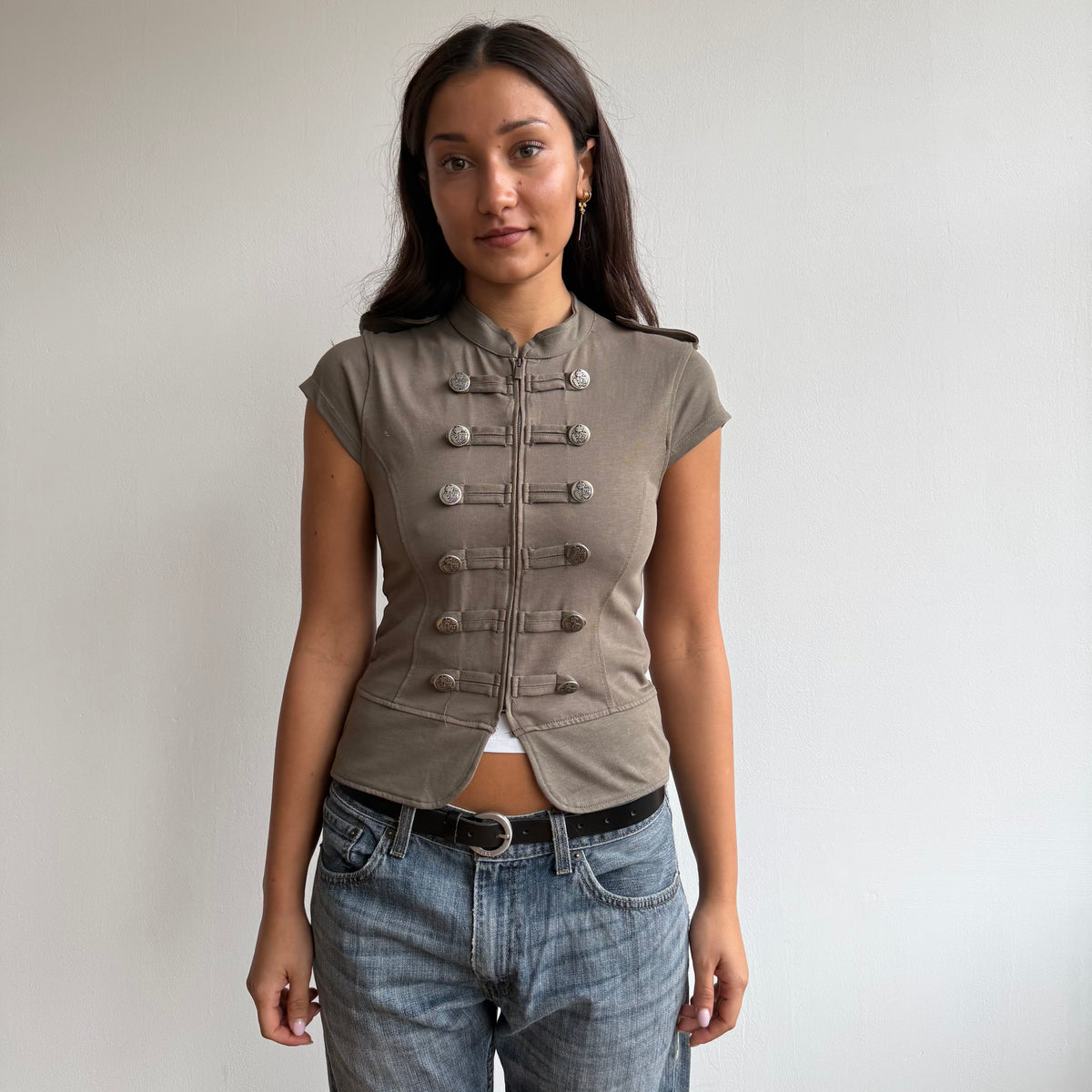 Khaki military zip up jumper - Size S
