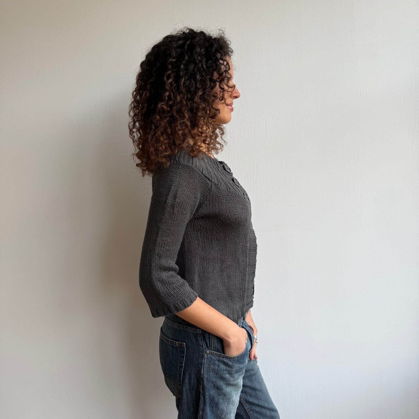Charcoal button open knit - Size S