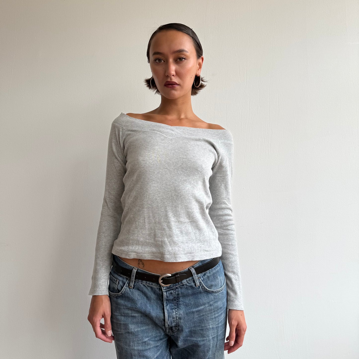 Grey long sleeve Bardot top - Size M