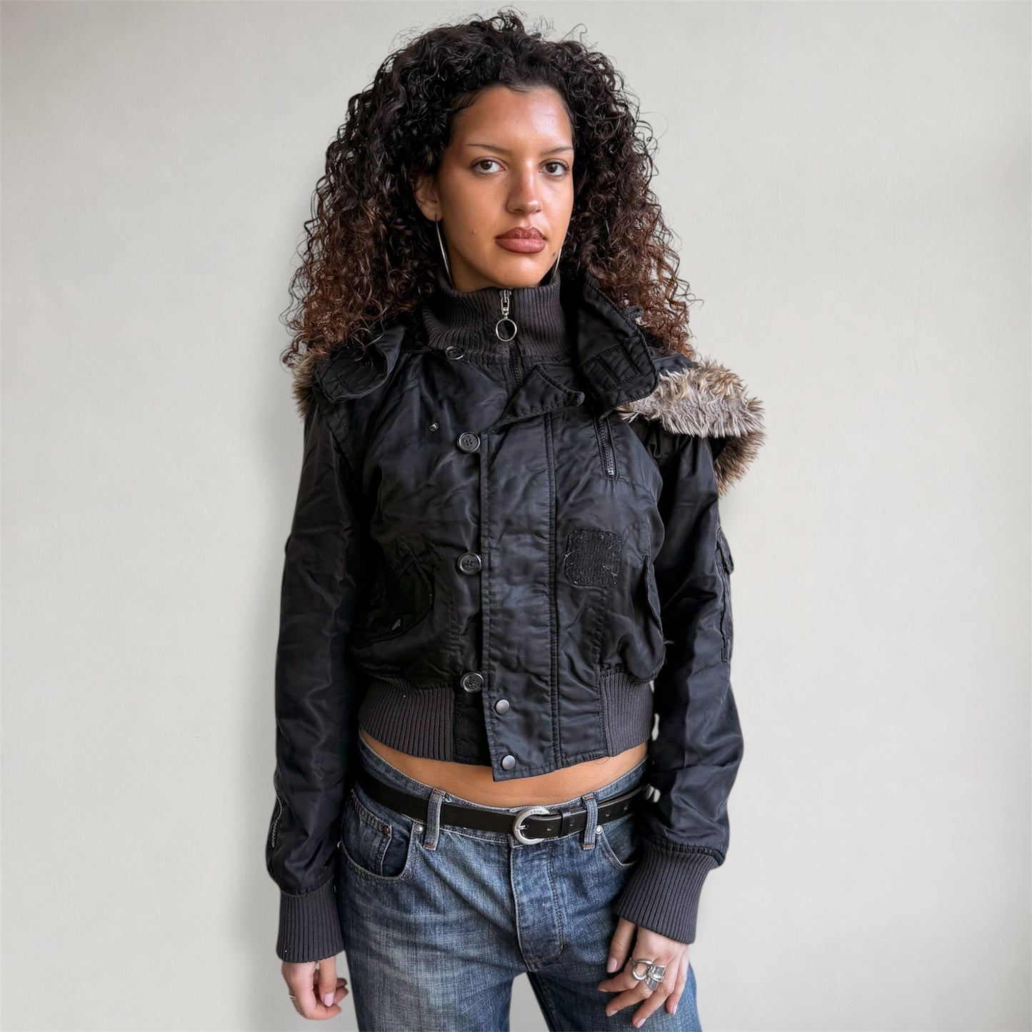 Black faux fur hood bomber - Size M