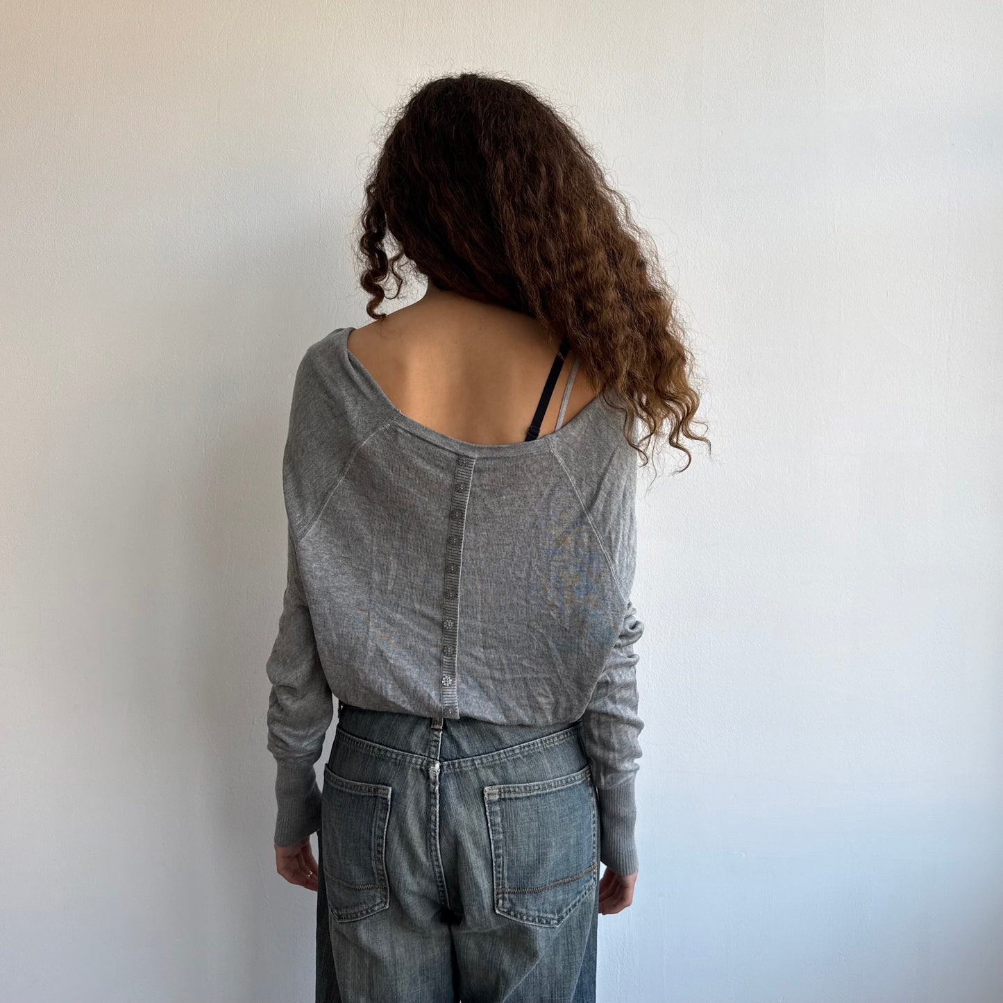 Grey slouchy button batwing jumper - Size M