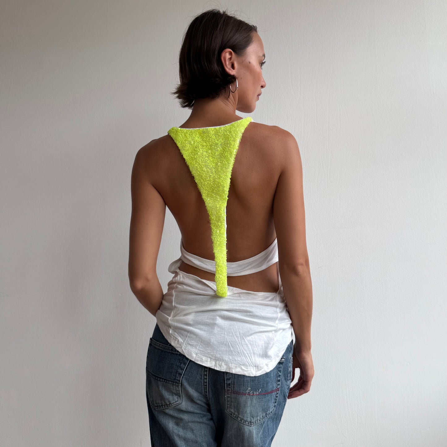 White + neon yellow sequin top - Size S