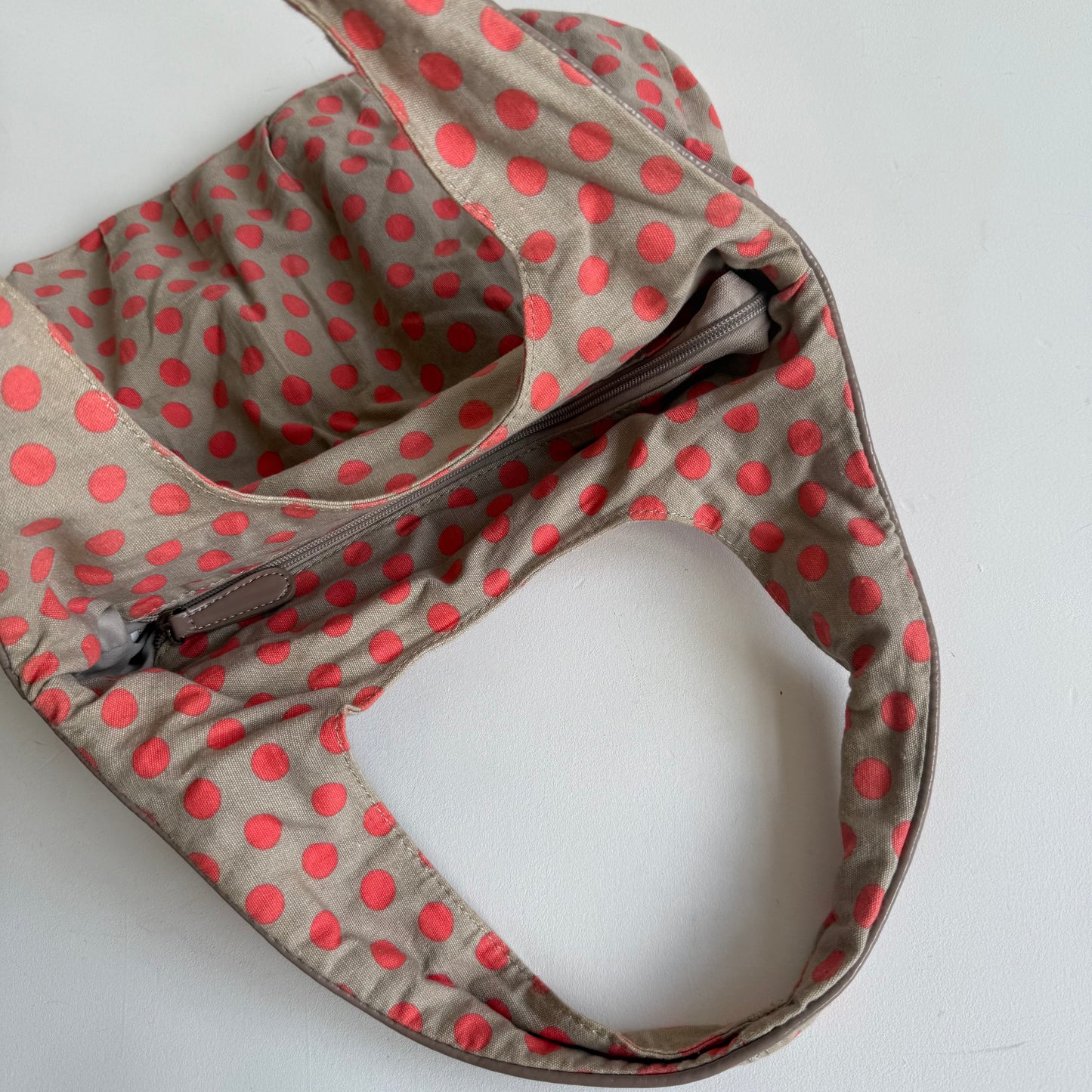 Khaki + orange polka dot bag