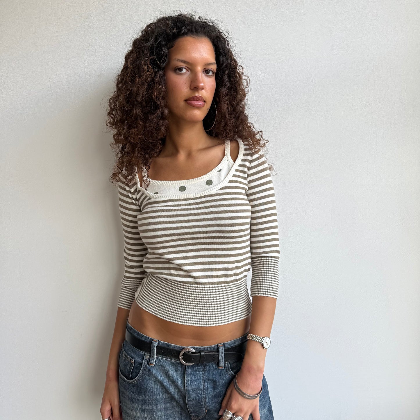 Khaki polka dot stripe knit - Size S
