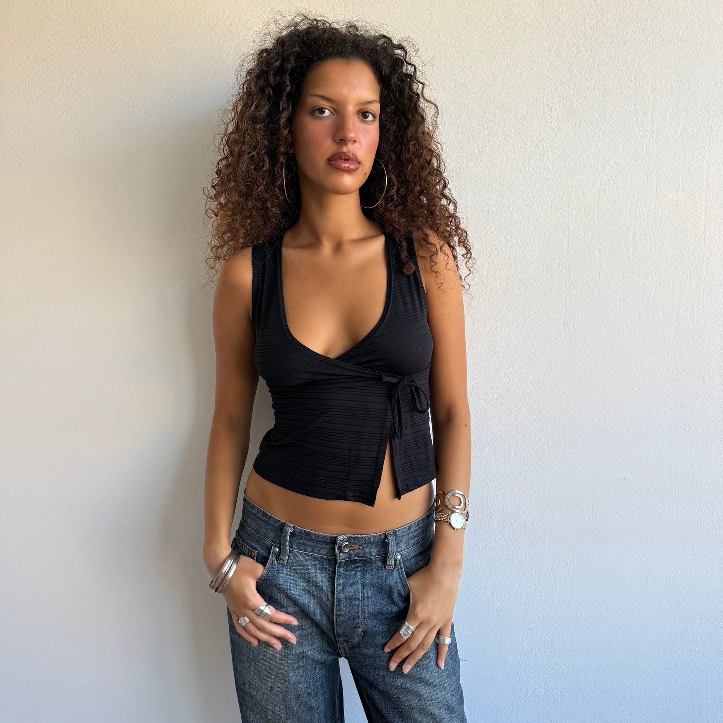 Black wrap stripe top - Size S