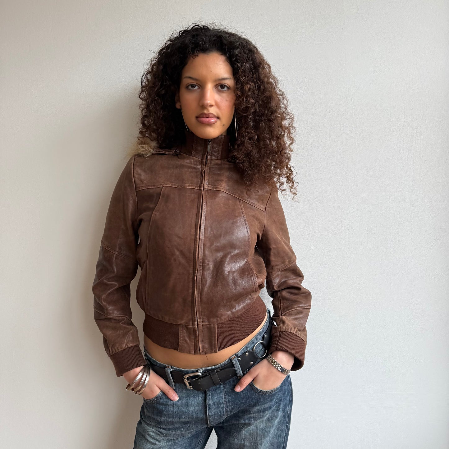 Brown leather bomber - Size S