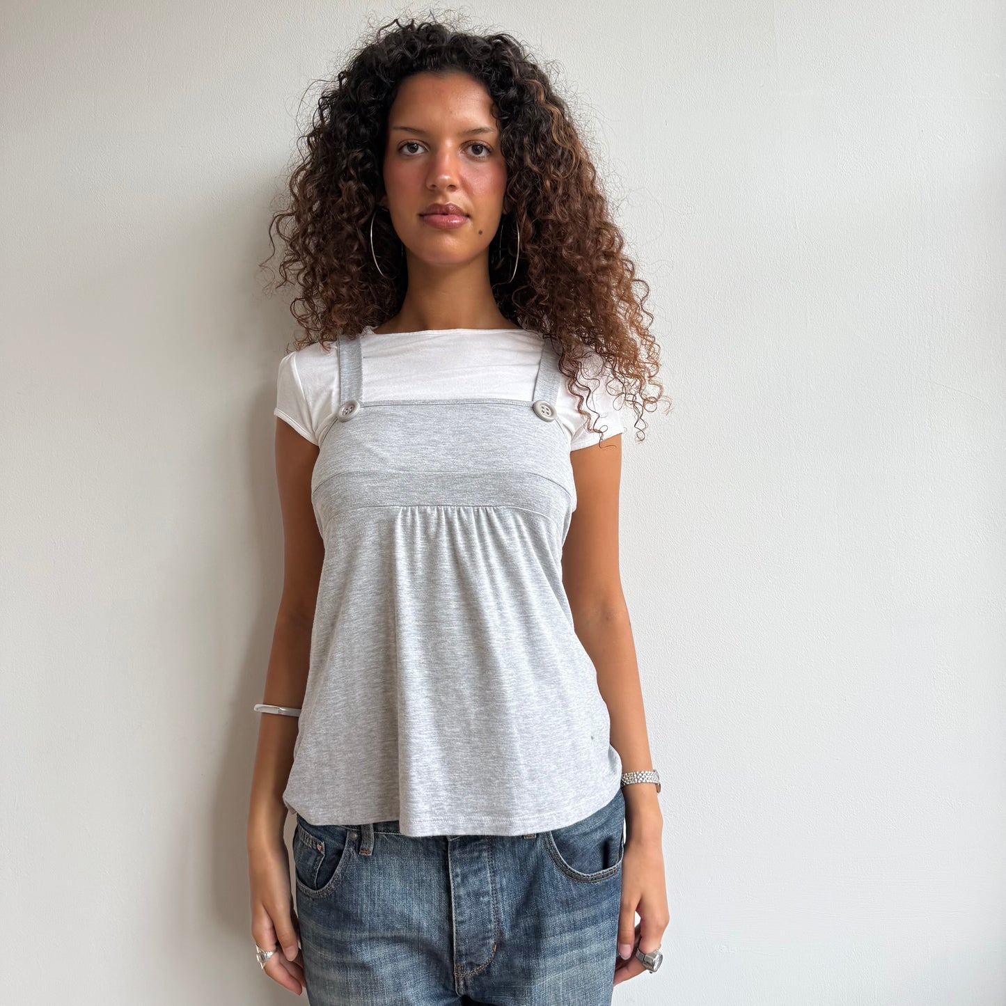 Grey + white dungaree top - Size M