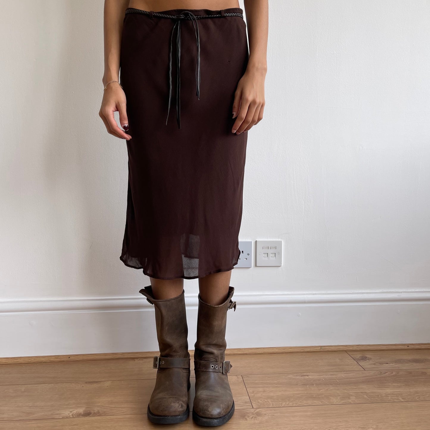 Brown midi skirt with belt - Size XS