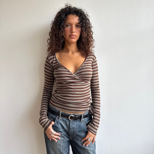 Khaki + brown striped long sleeve top - Size M