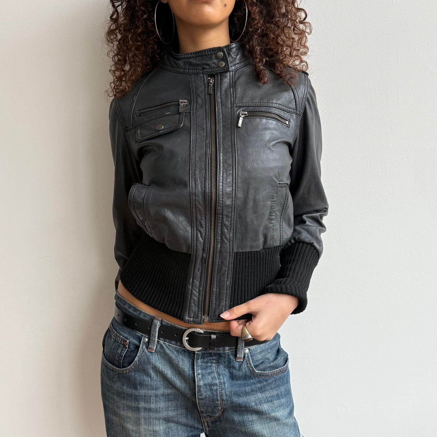Charcoal leather bomber jacket - Size S/M