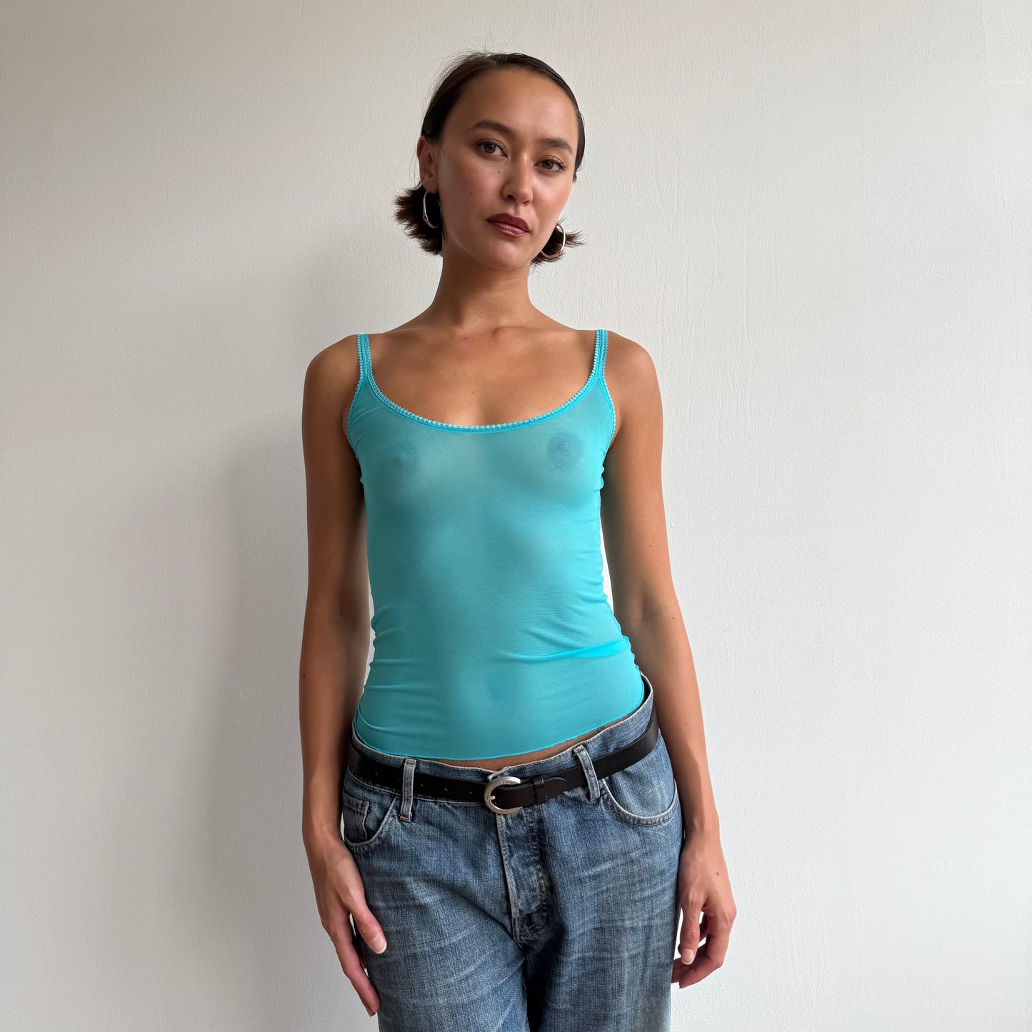 Turquoise sheer lace trim cami - Size S