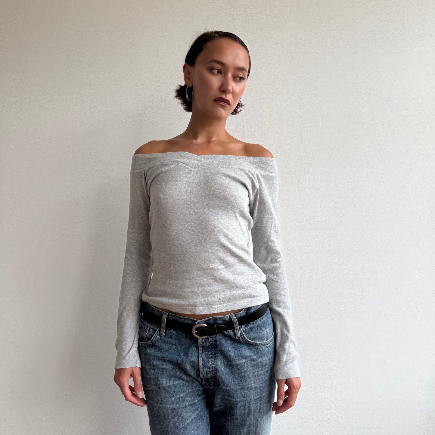 Grey long sleeve Bardot top - Size M