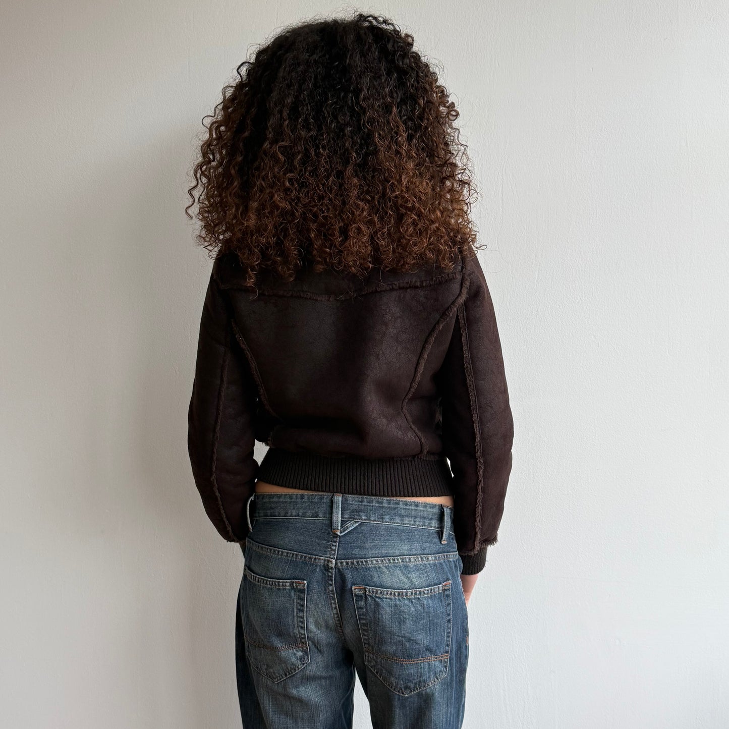 Brown faux suede fur collar bomber - Size S + M