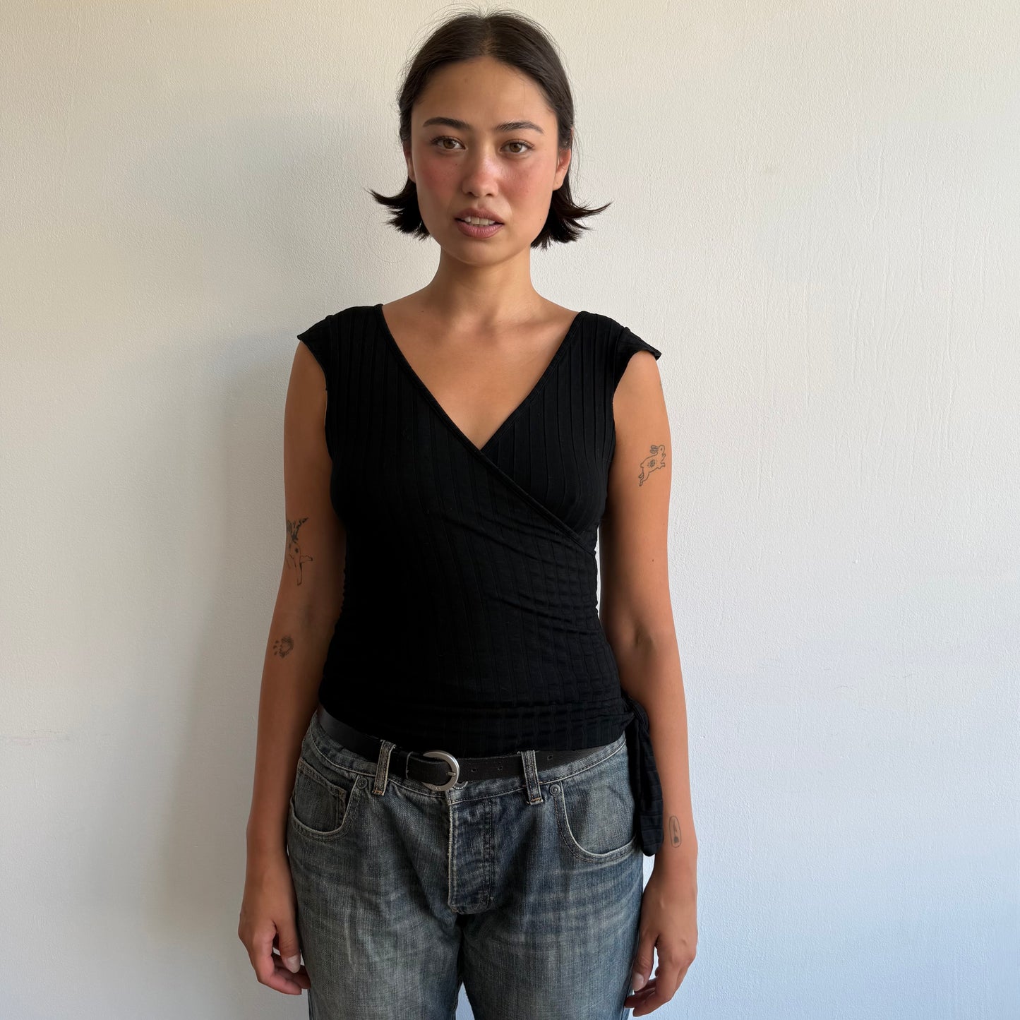 Black ribbed wrap tie side top - Size S