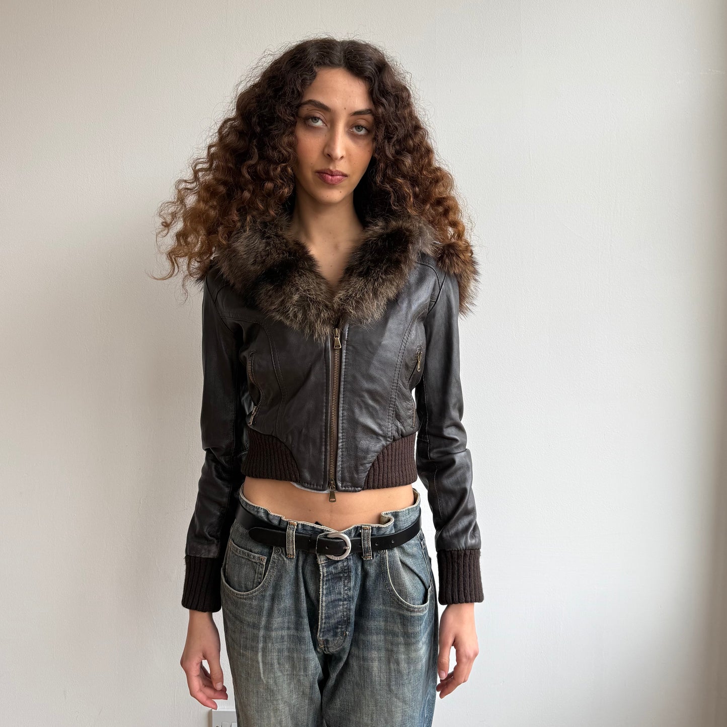 Brown leather fur hood bomber - Size S