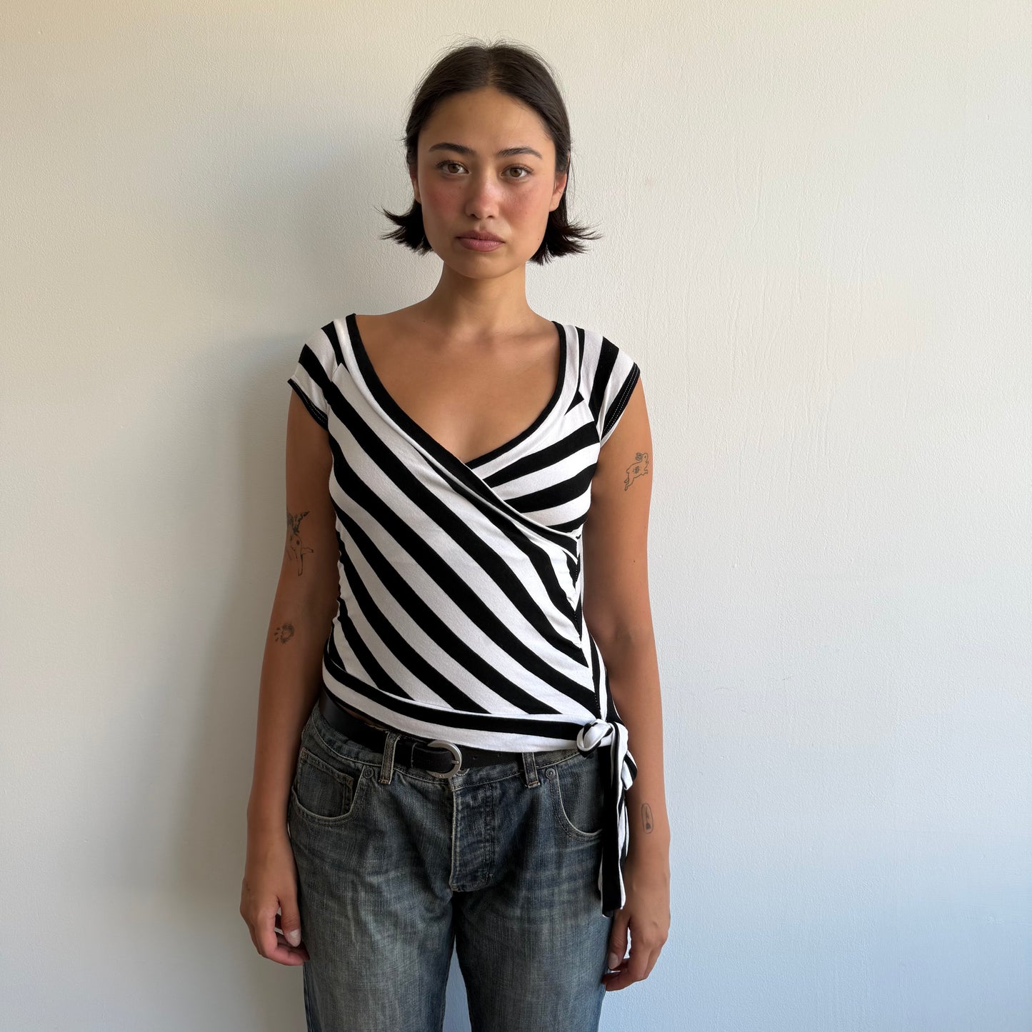 Black + white ballet wrap top - Size S