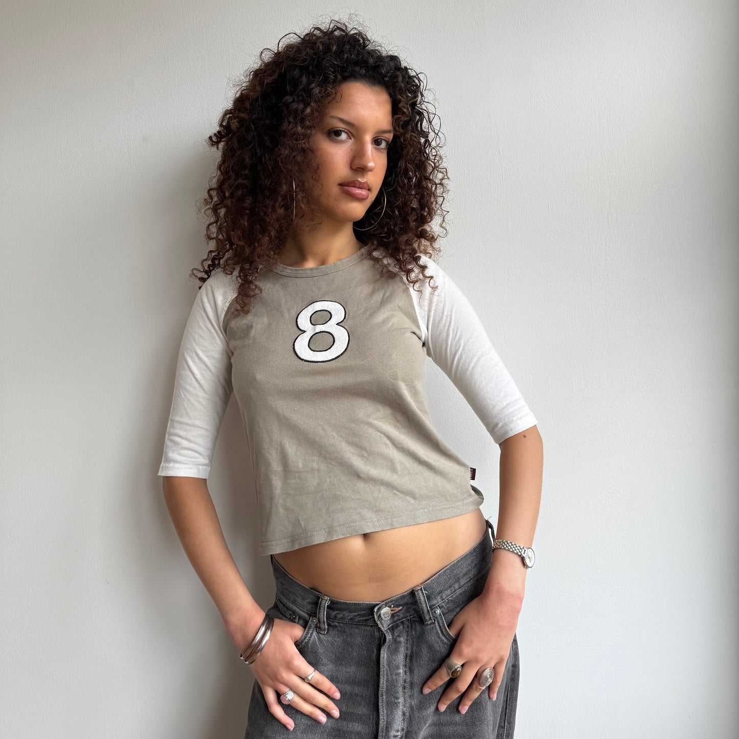 Khaki ‘8’ 3/4 sleeve top - Size S