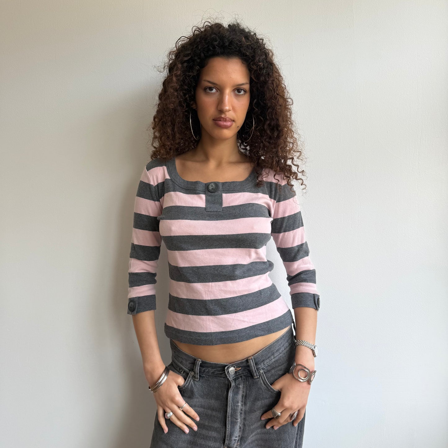 Grey + pink striped top - Size M