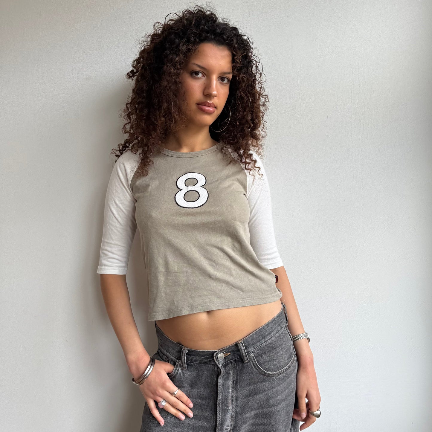 Khaki ‘8’ 3/4 sleeve top - Size S