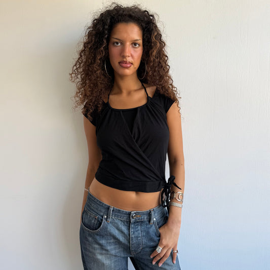 Black double layer wrap halter top - Size S