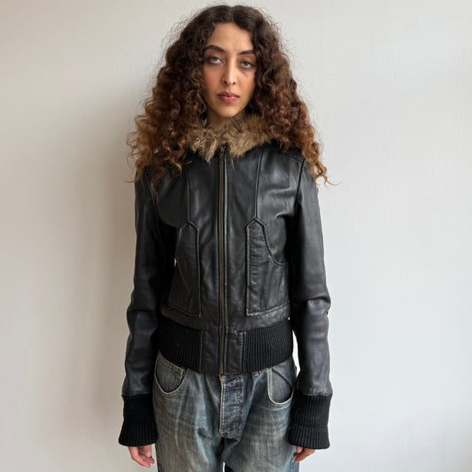 Black leather fur hood bomber - Size S
