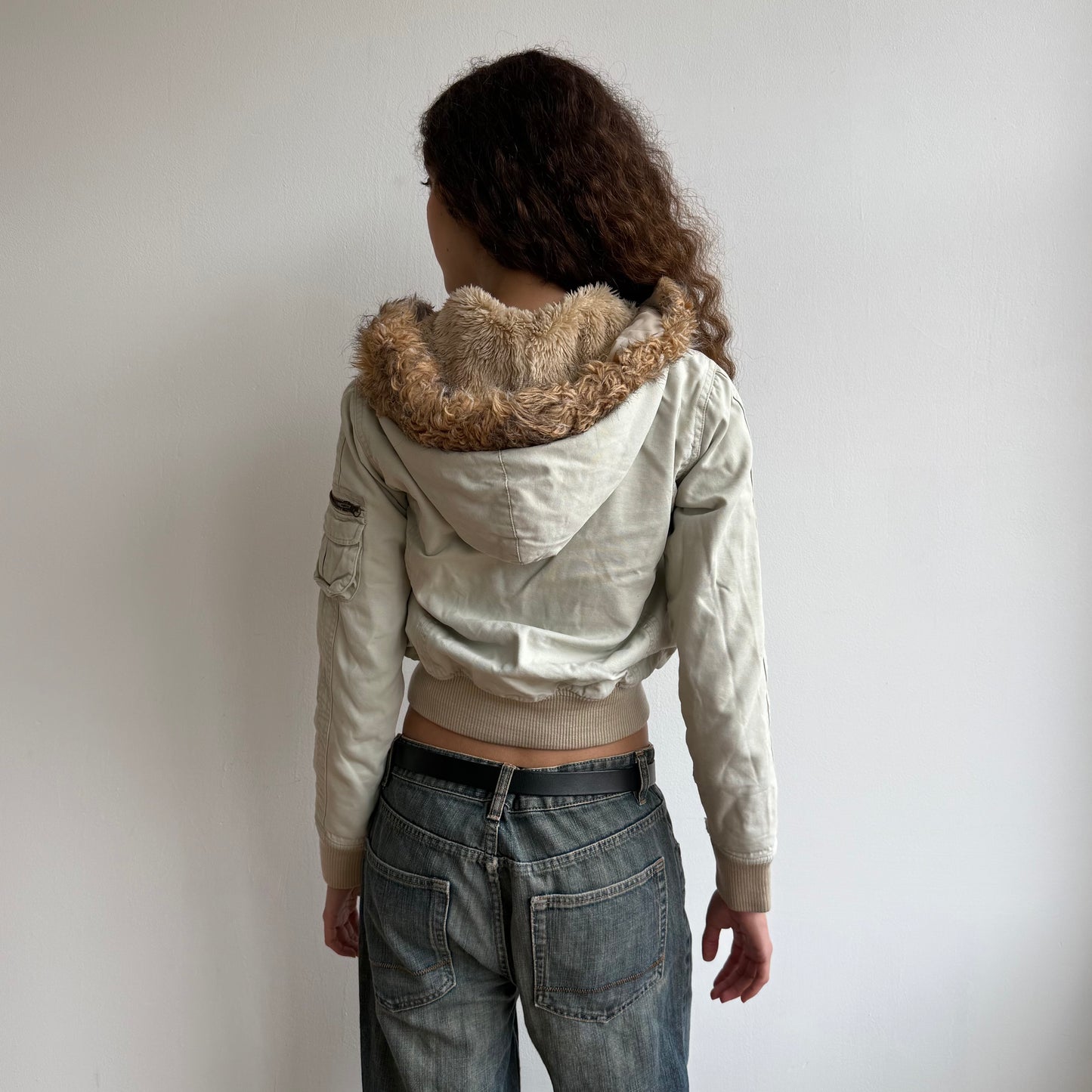 Cream bomber with faux fur hood - Size XS + M