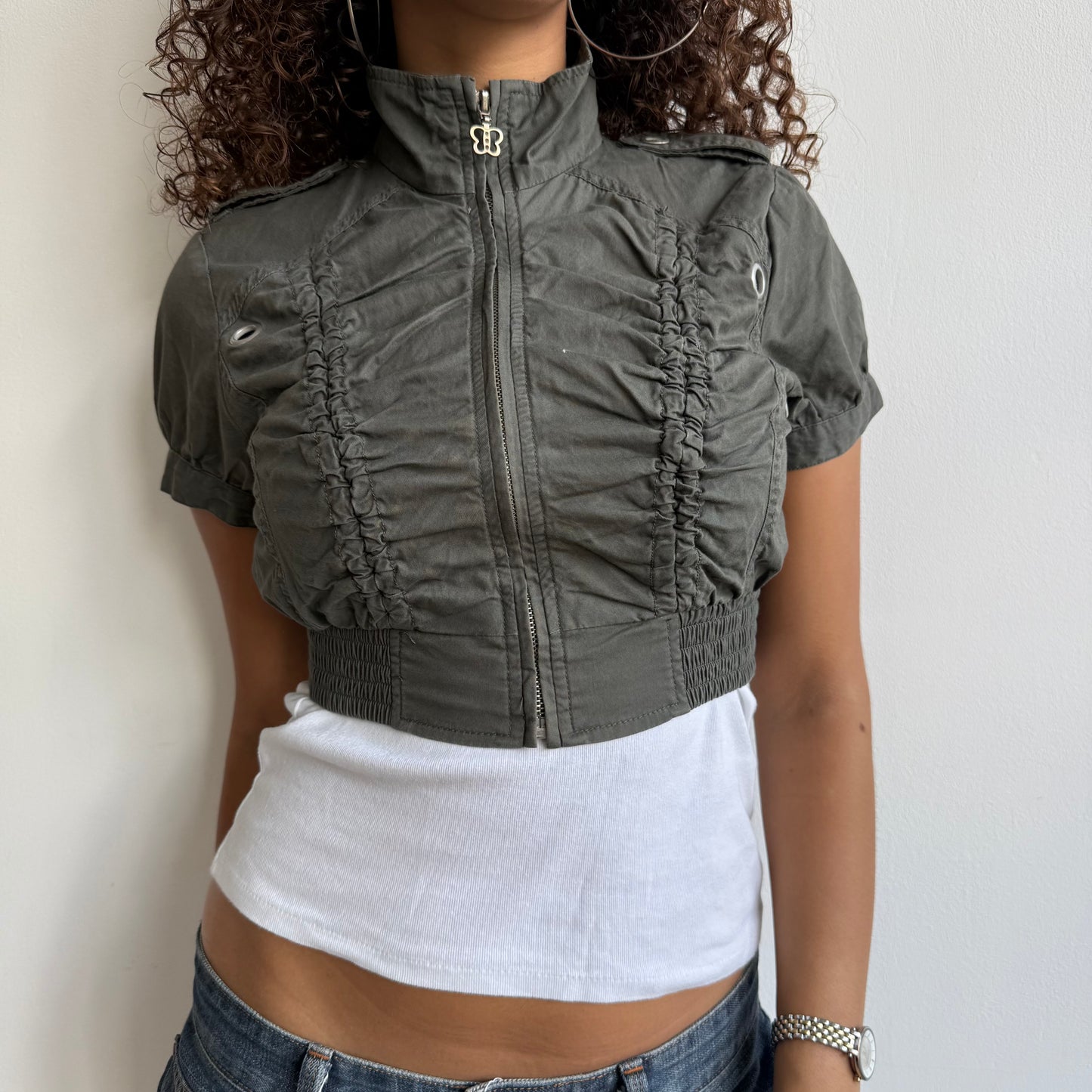 Khaki cropped ruched jacket - Size S