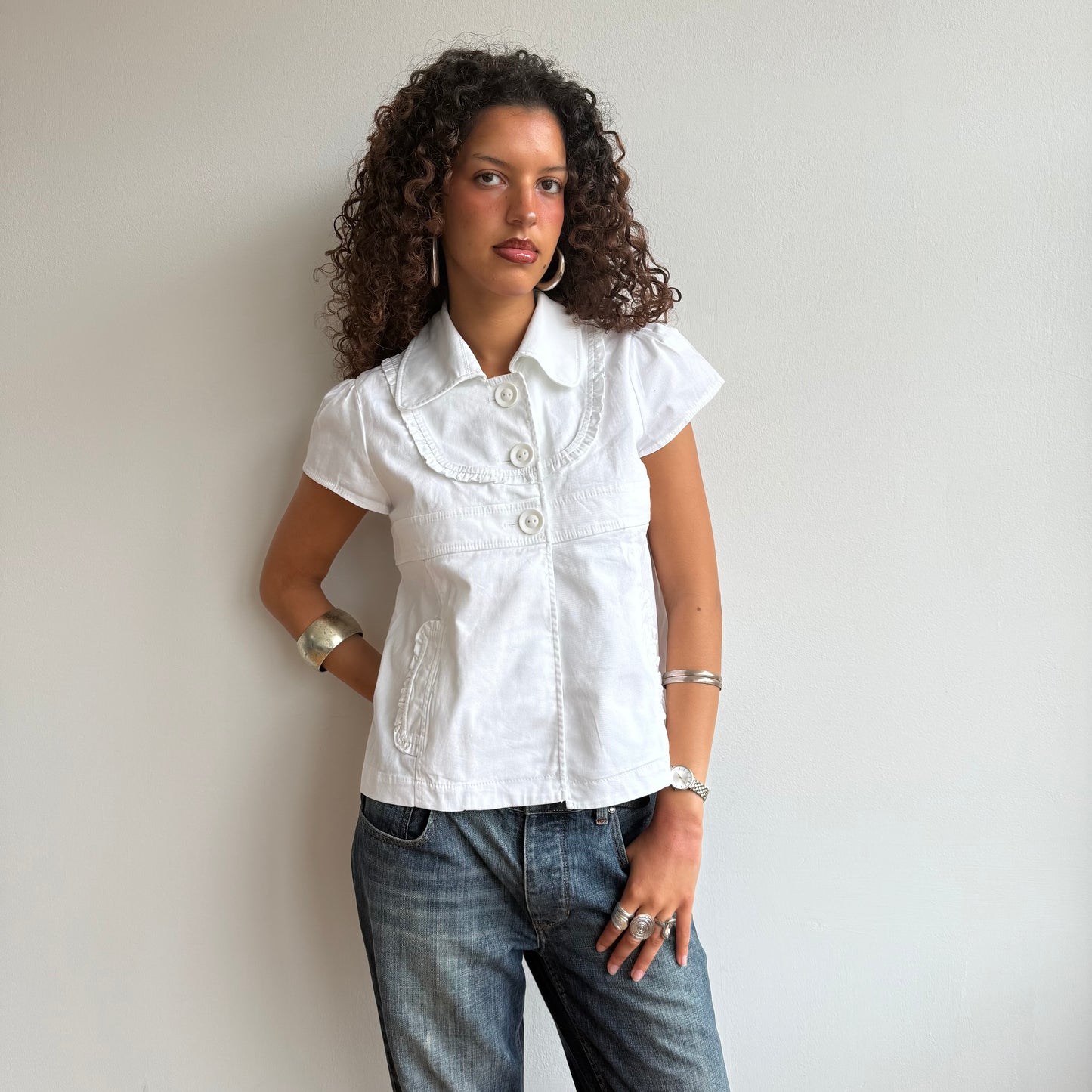 White short sleeve ruffle peacoat - Size L