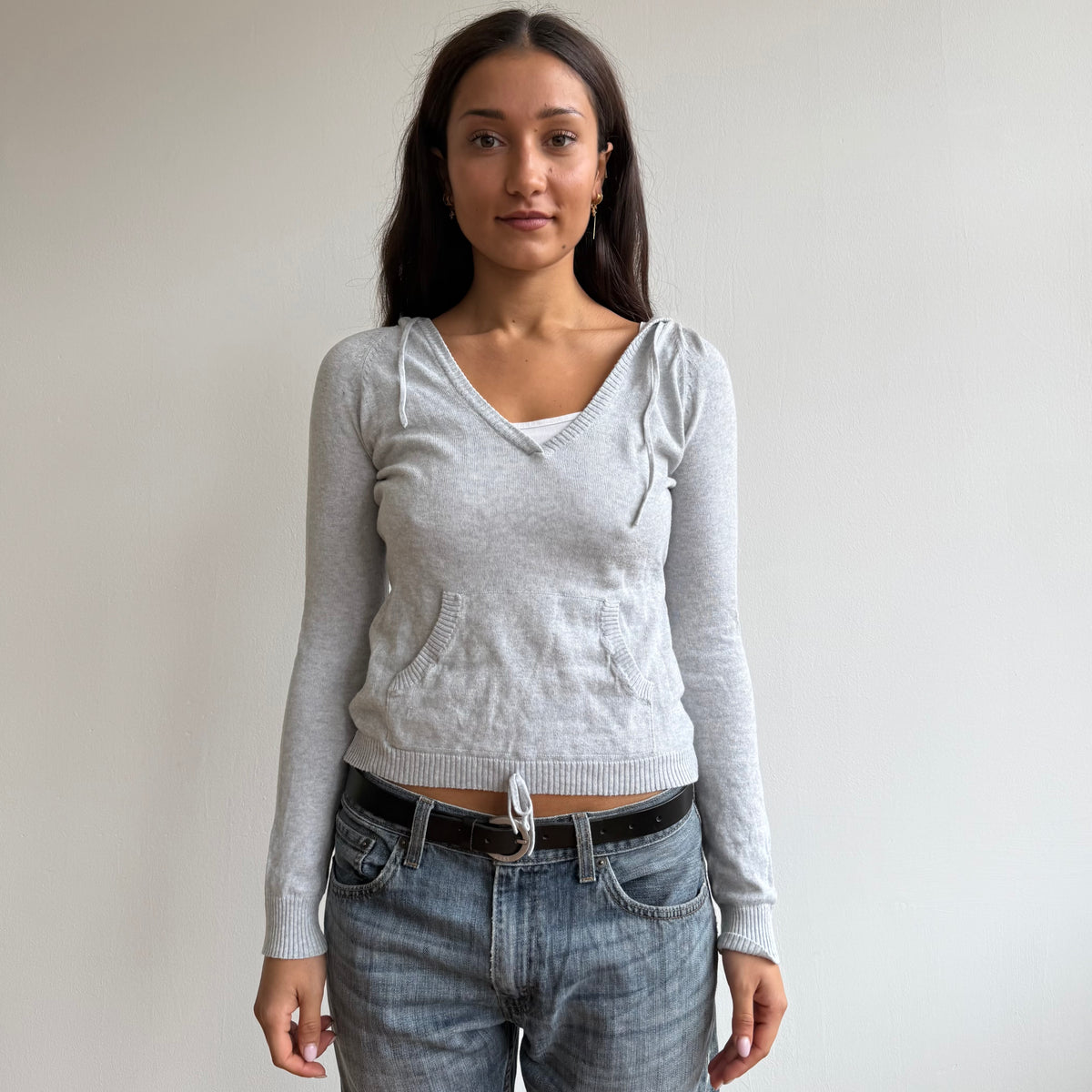 Grey v-neck tie waist hoodie - Size S