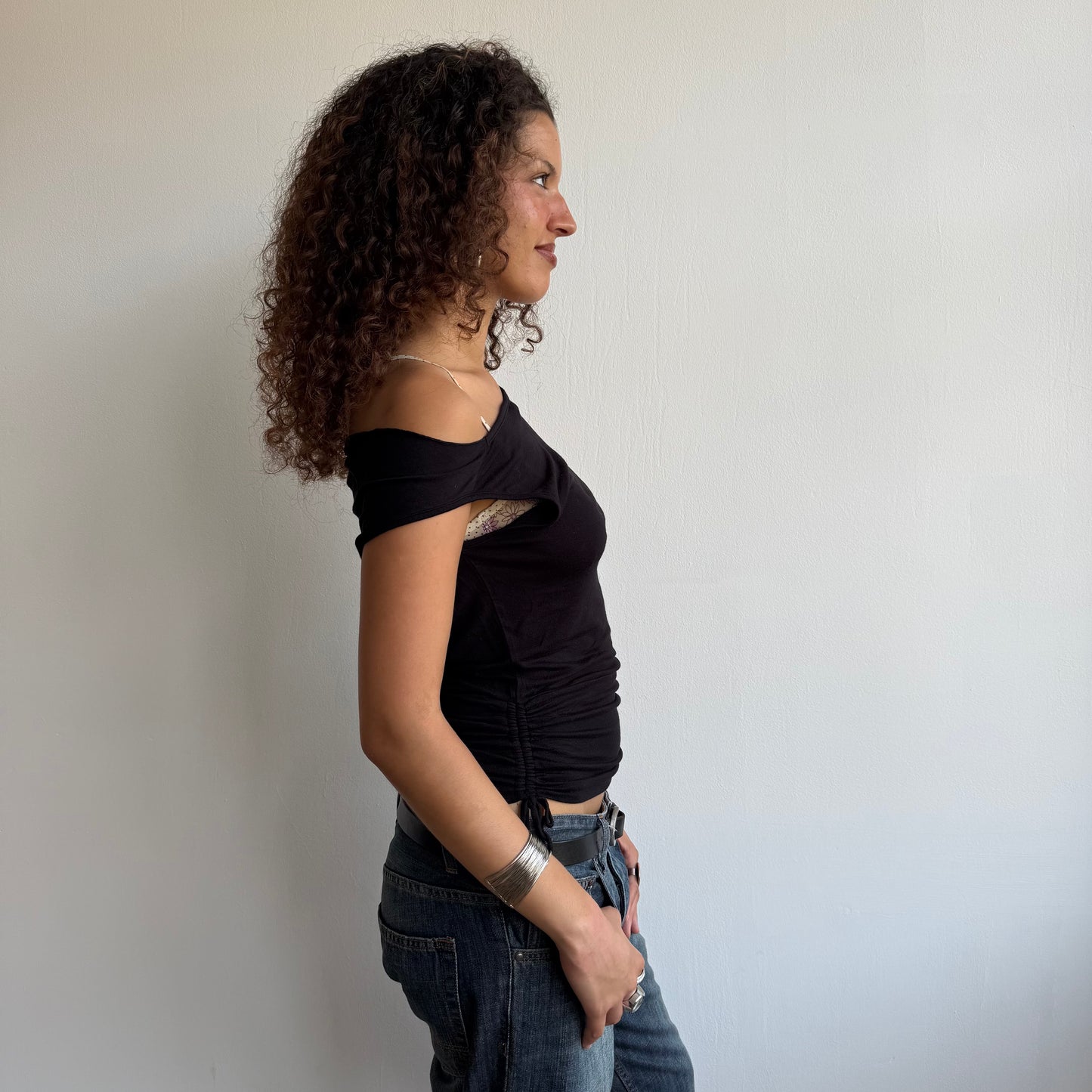 Black slouchy ruched top - Size S