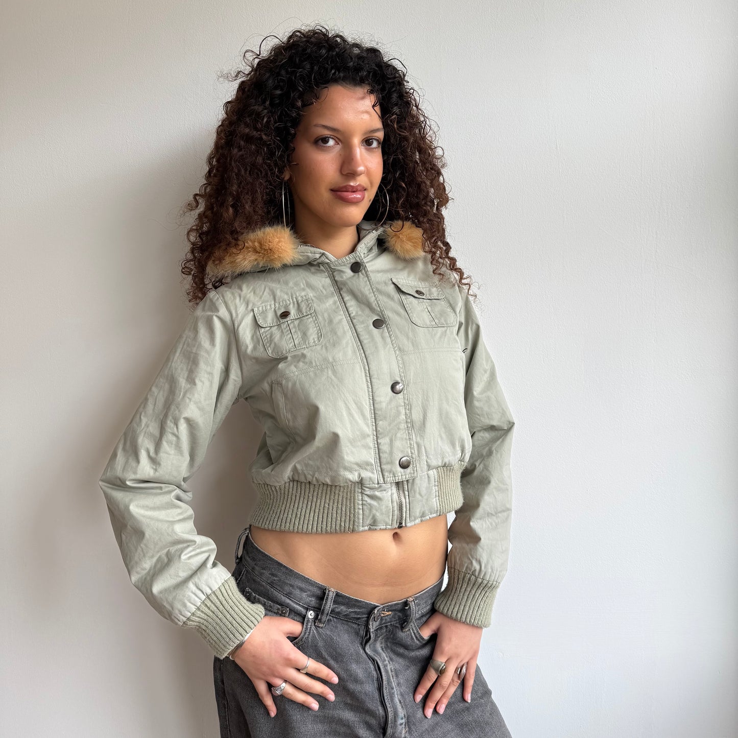 Khaki puffer fur hood - Size S