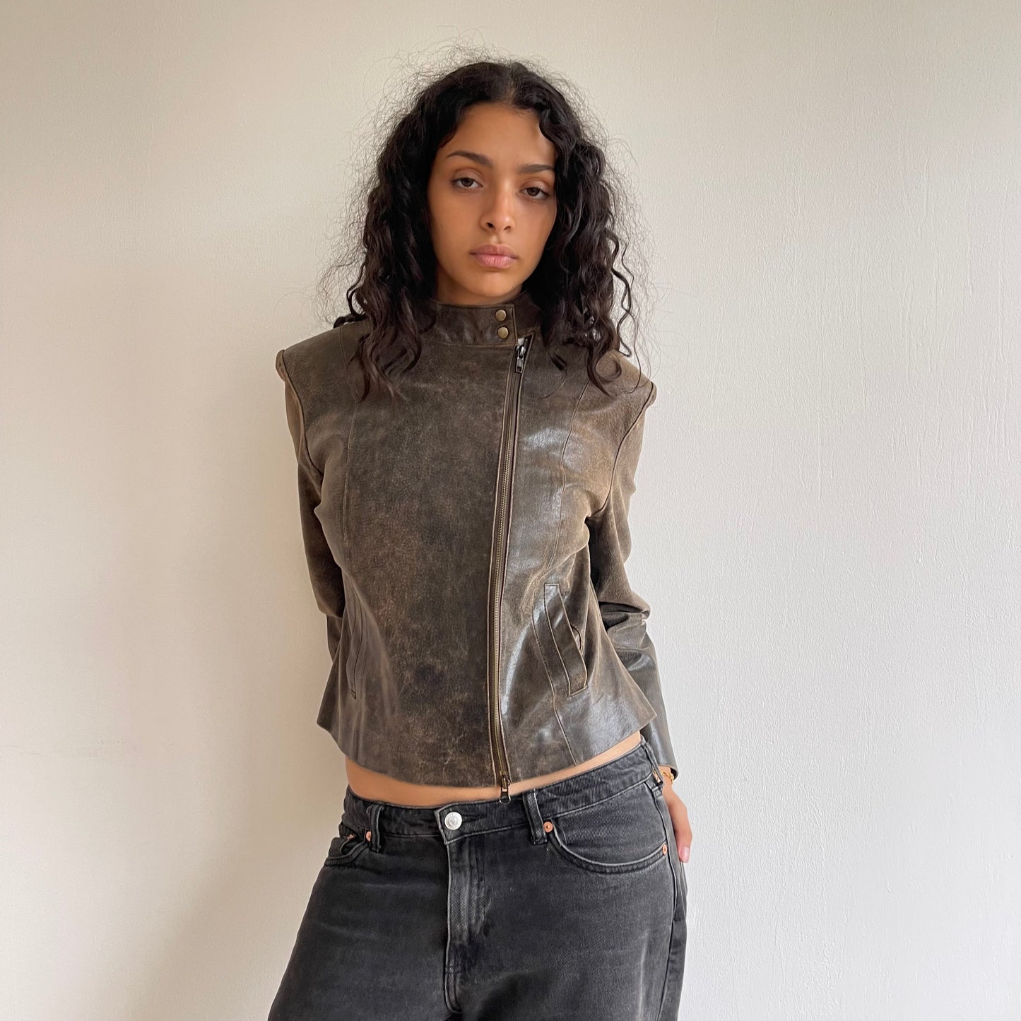 Brown asymmetric moto jacket - Size M