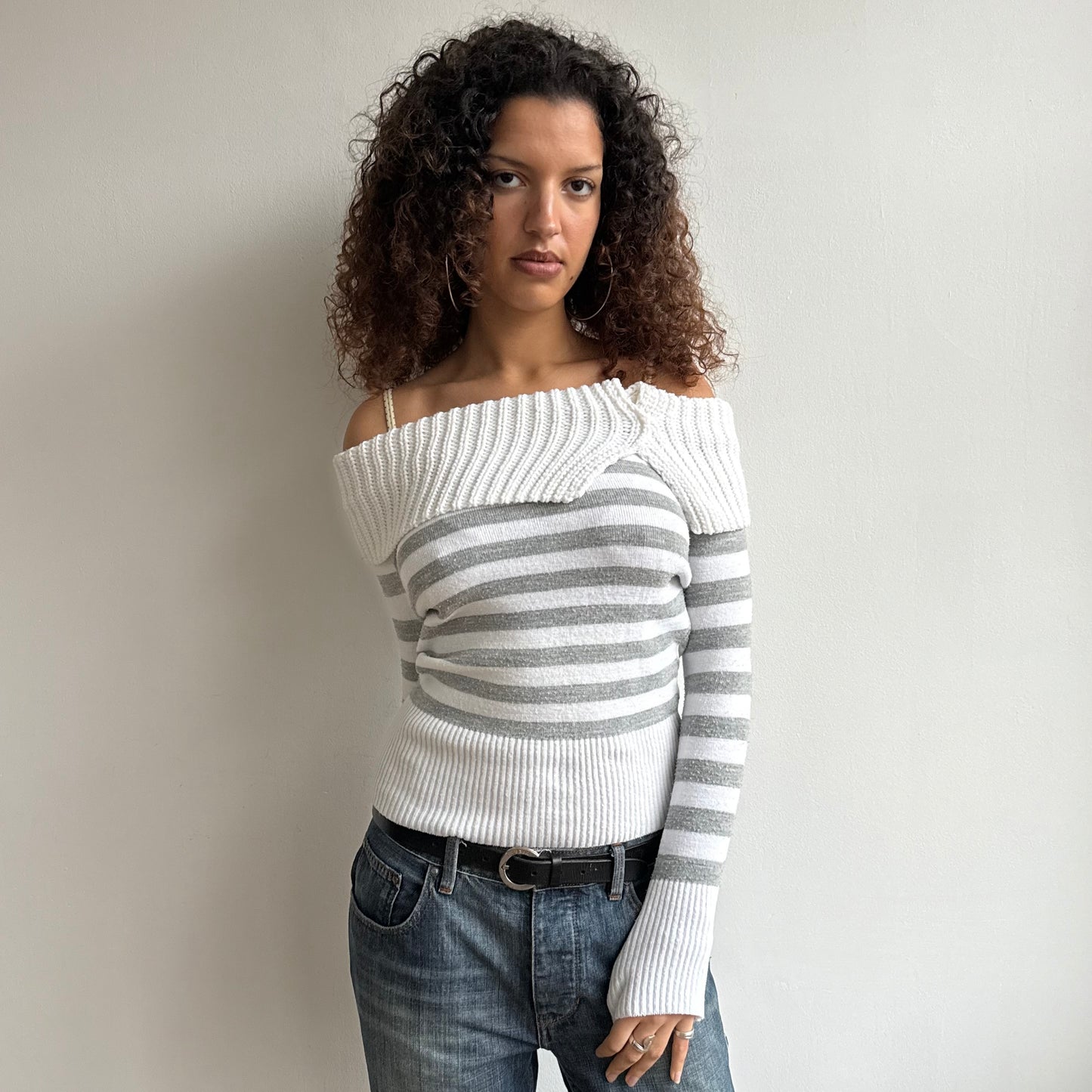 Grey + white striped Bardot knit - Size M