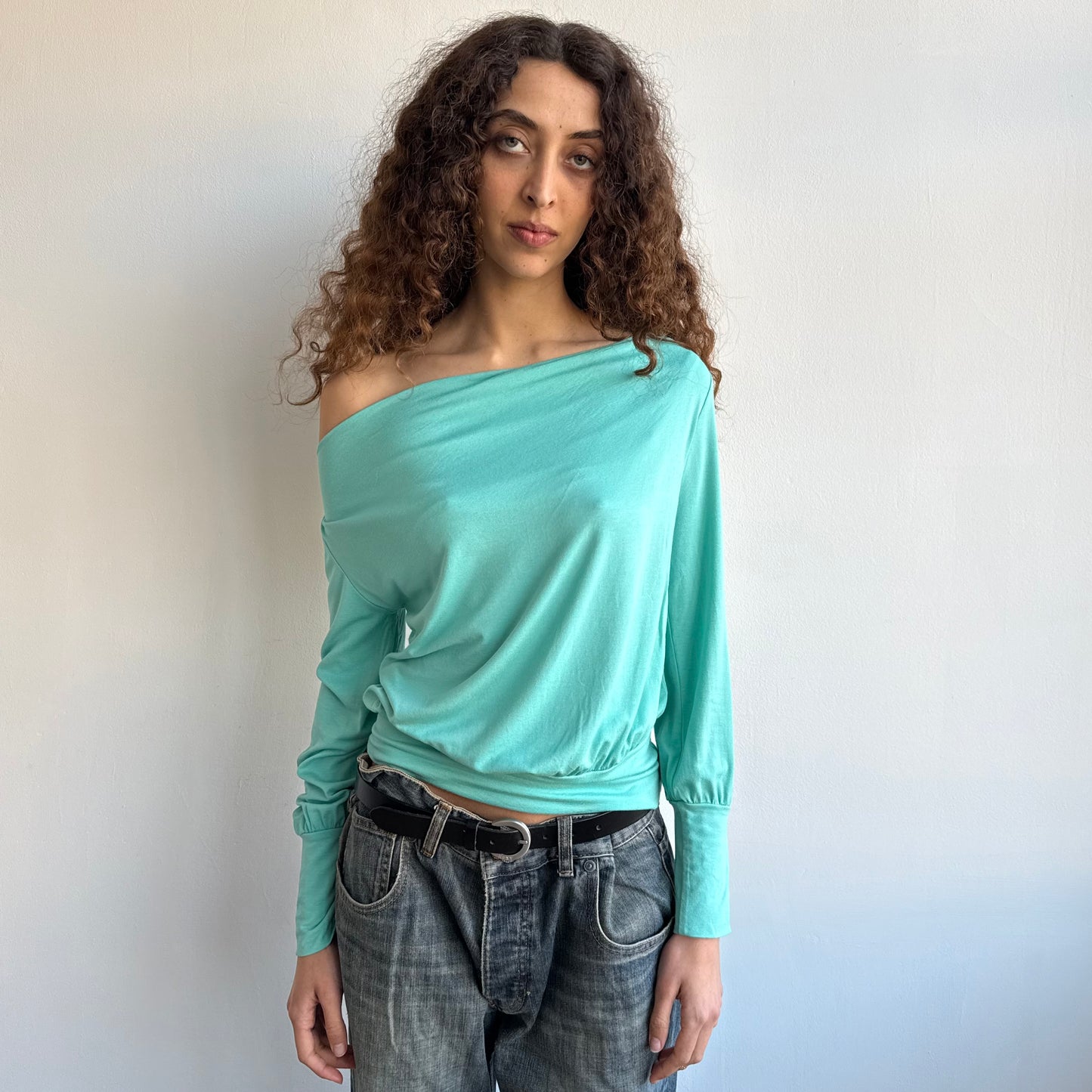 Turquoise slouchy long sleeve top - Size S