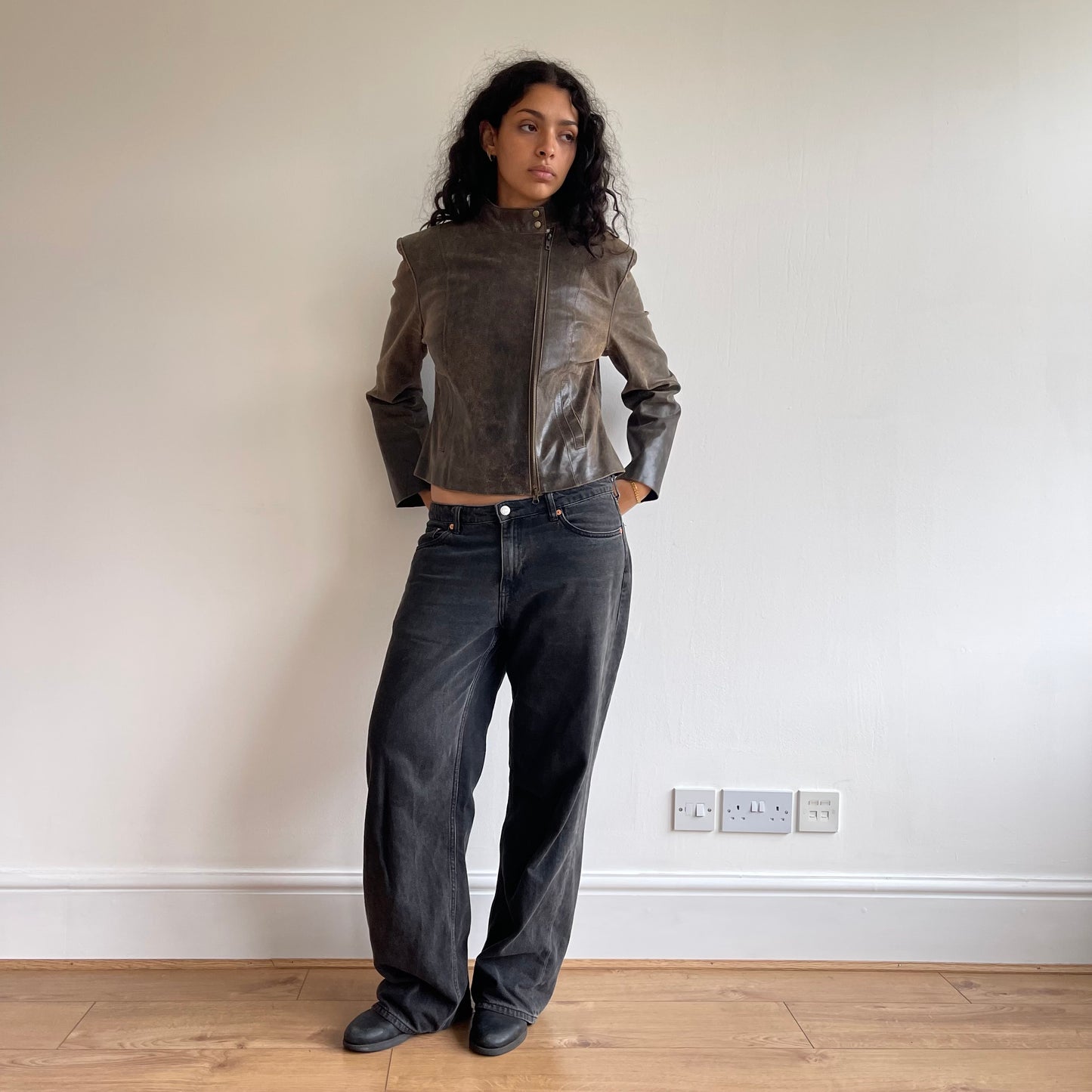 Brown asymmetric moto jacket - Size M