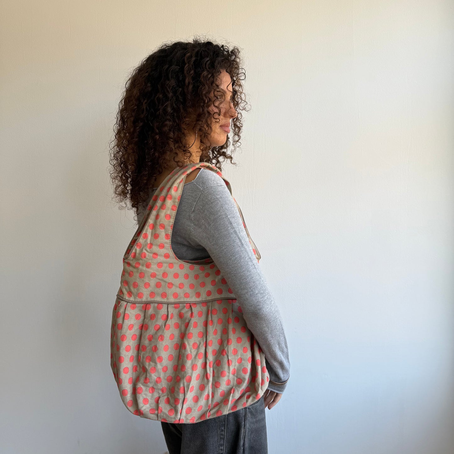 Khaki + orange polka dot bag