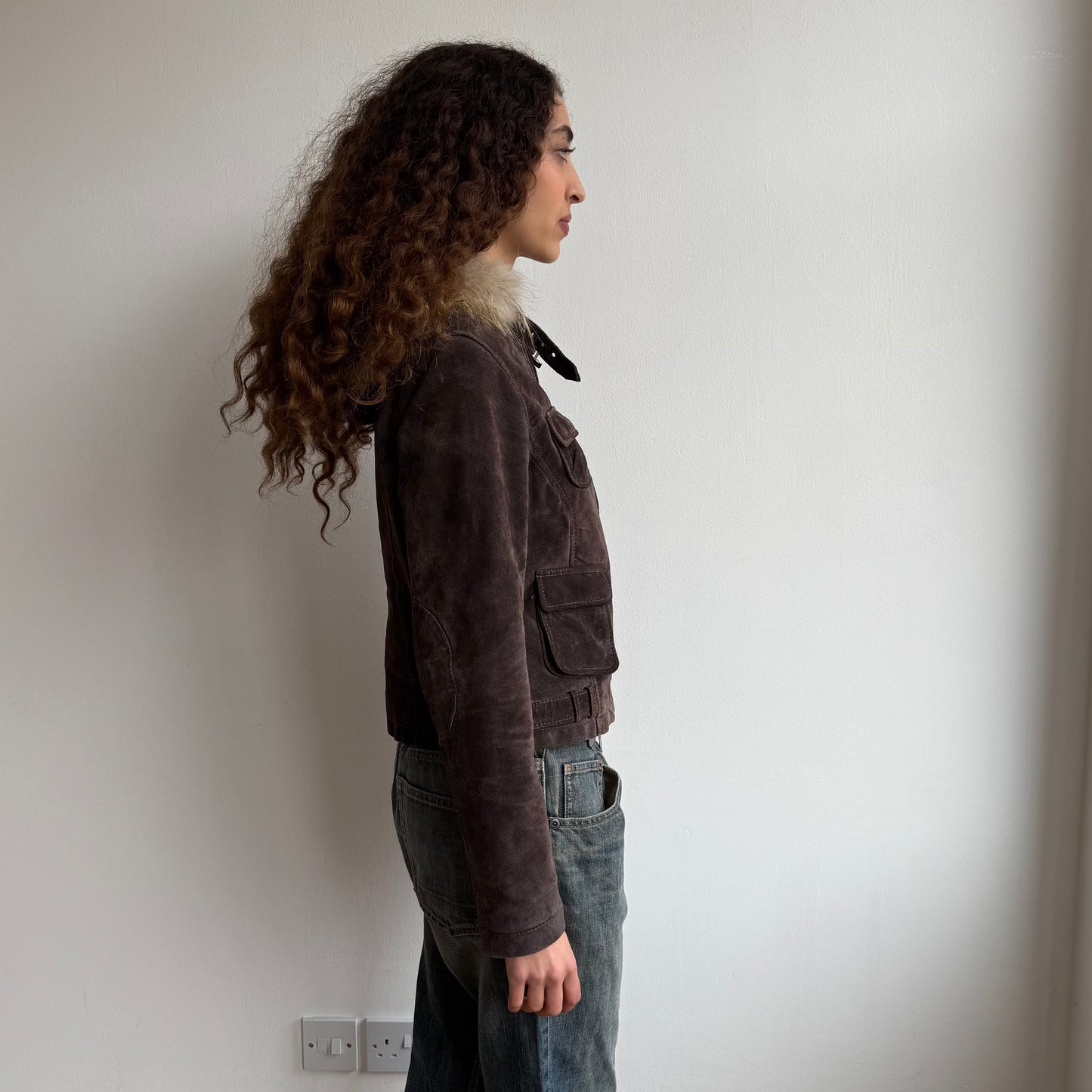 Brown suede fur hood bomber - Size S