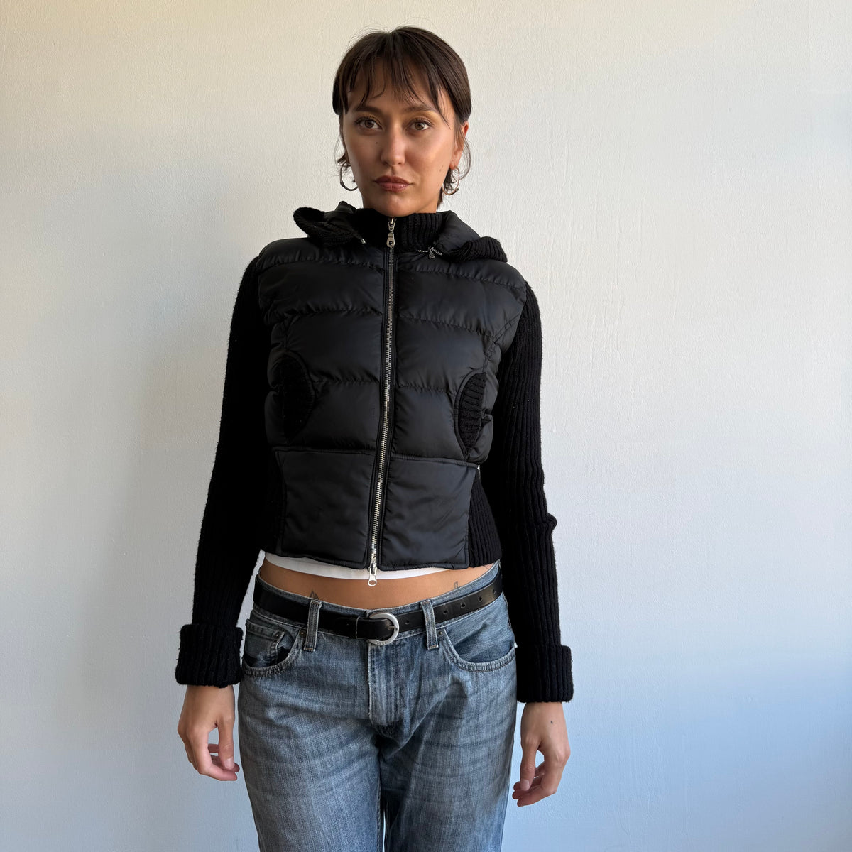 Black bi-material puffer coat - Size S
