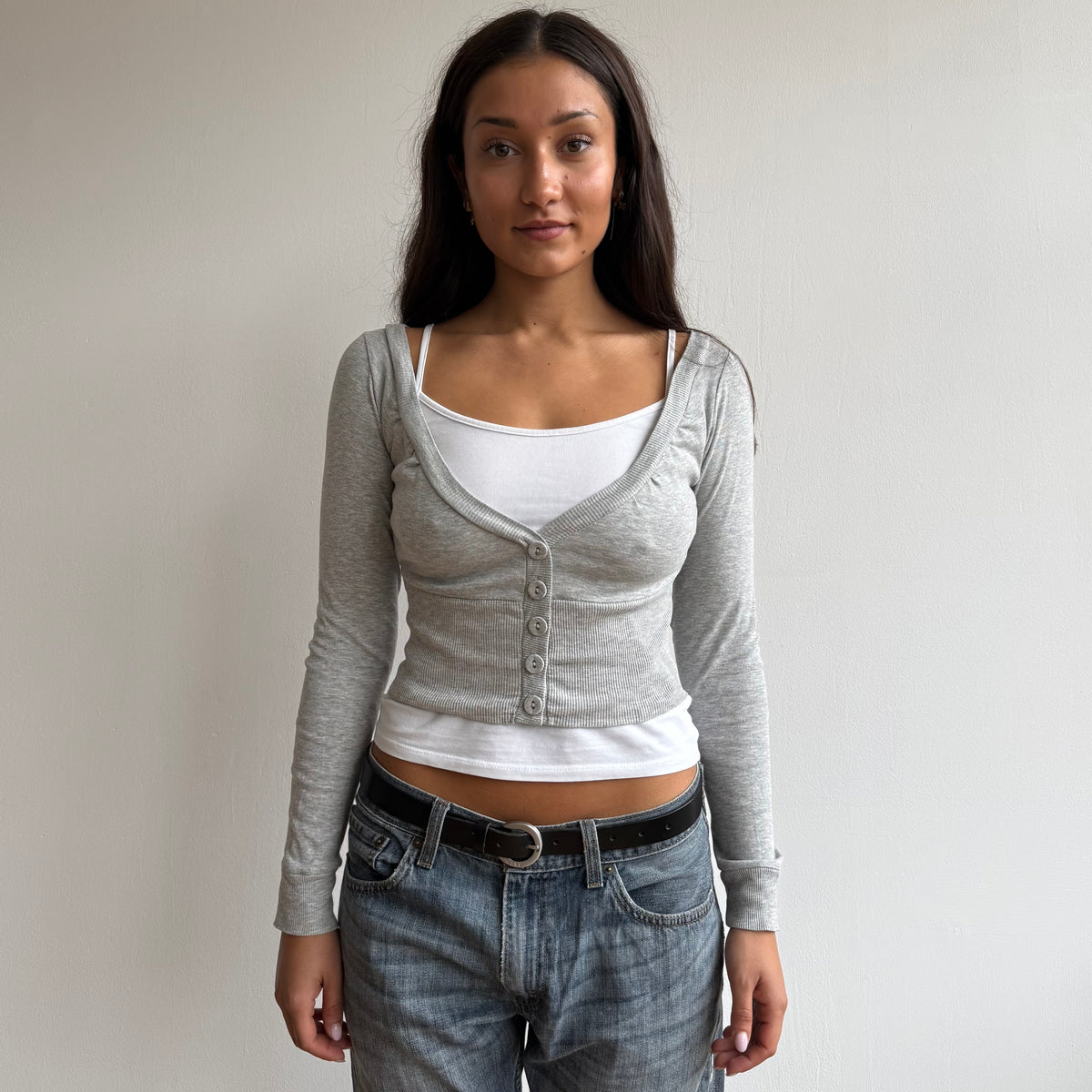 Grey cropped button cardi - Size S