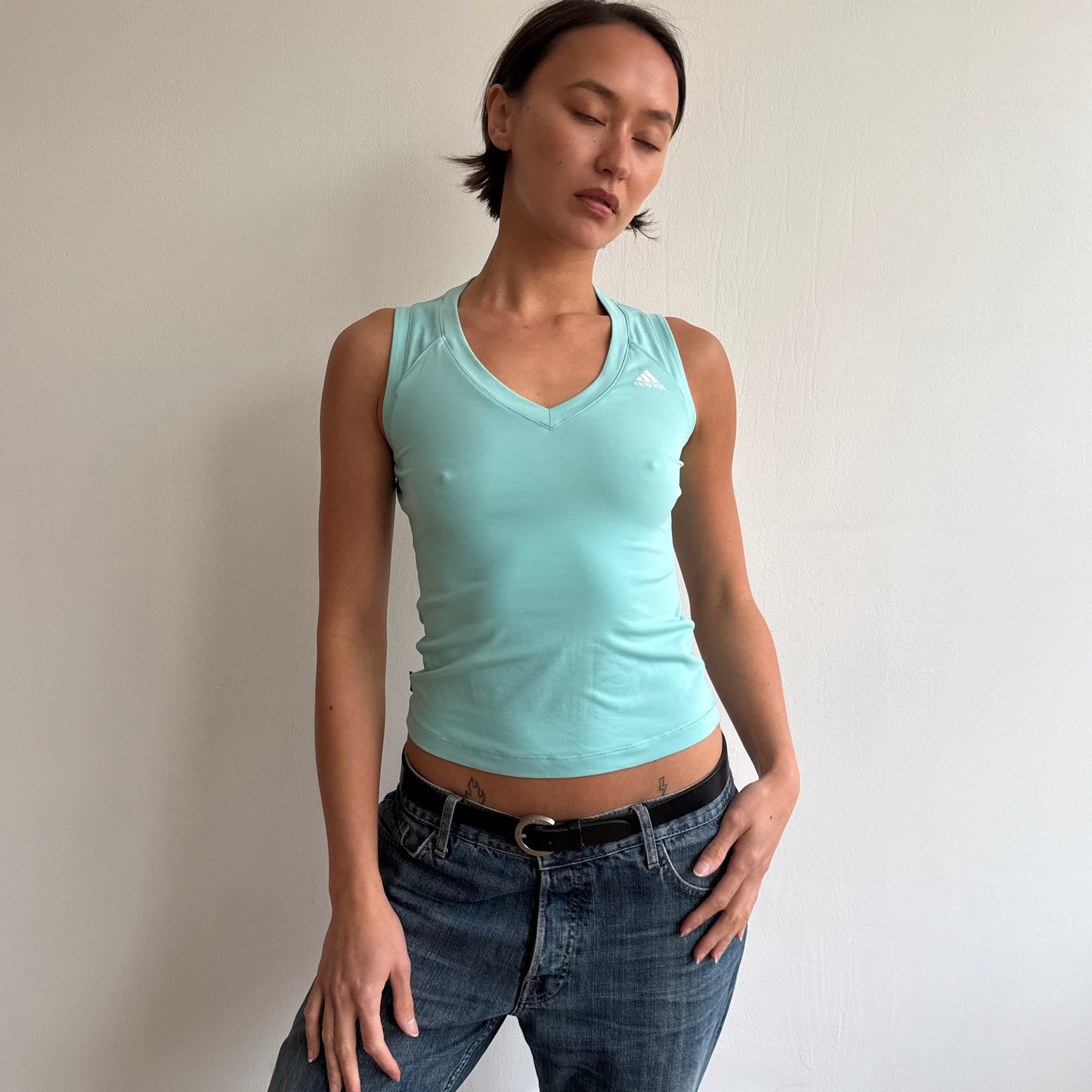 Turquoise Adidas v-neck top - Size S