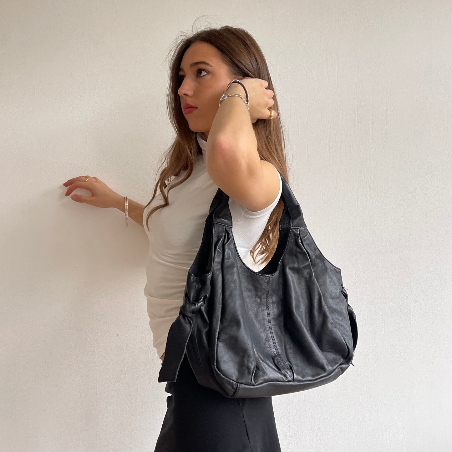 Black leather slouchy bag