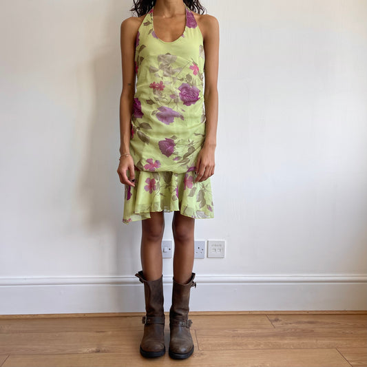 Green floral mesh halter dress - Size S