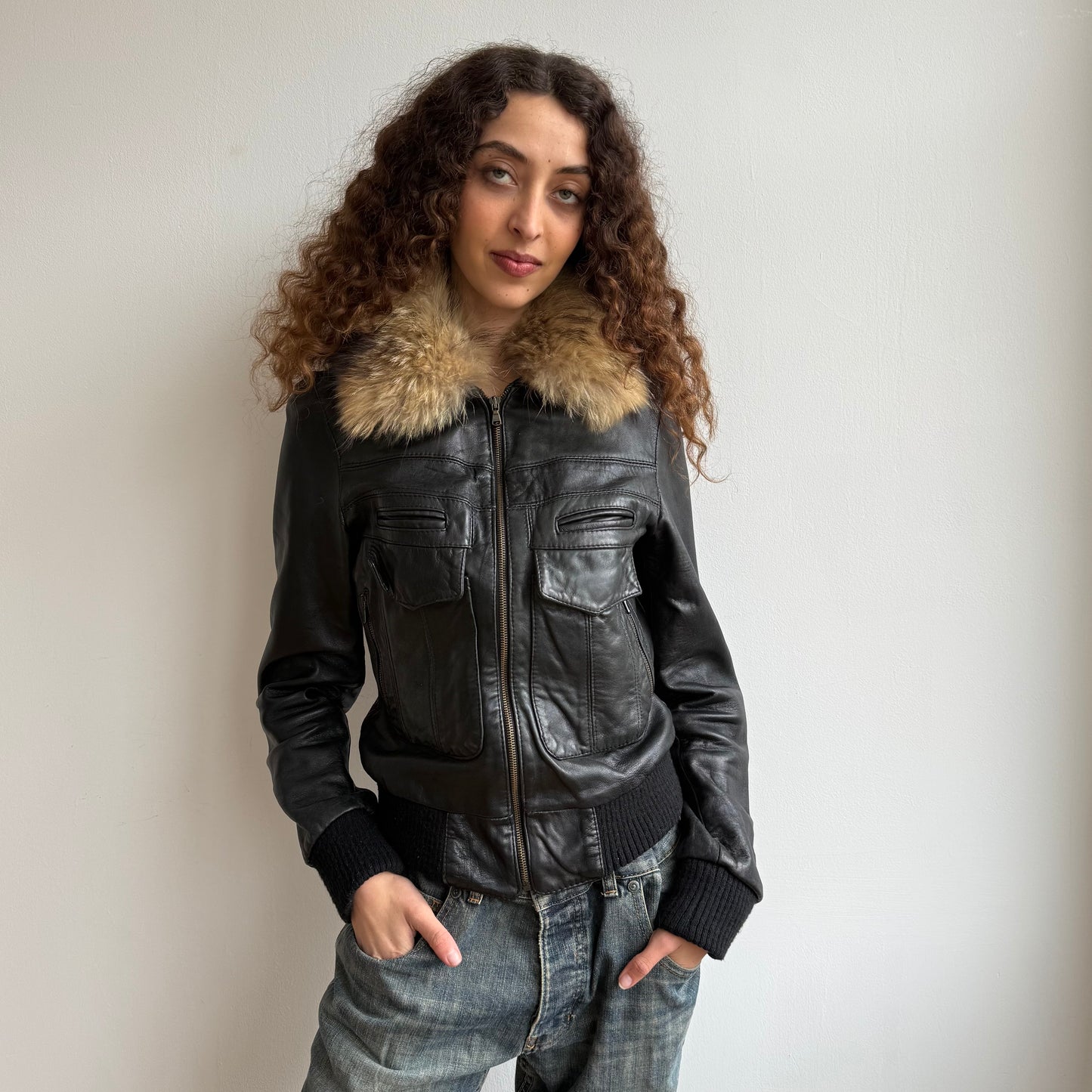 Black leather fur collar bomber - Size M